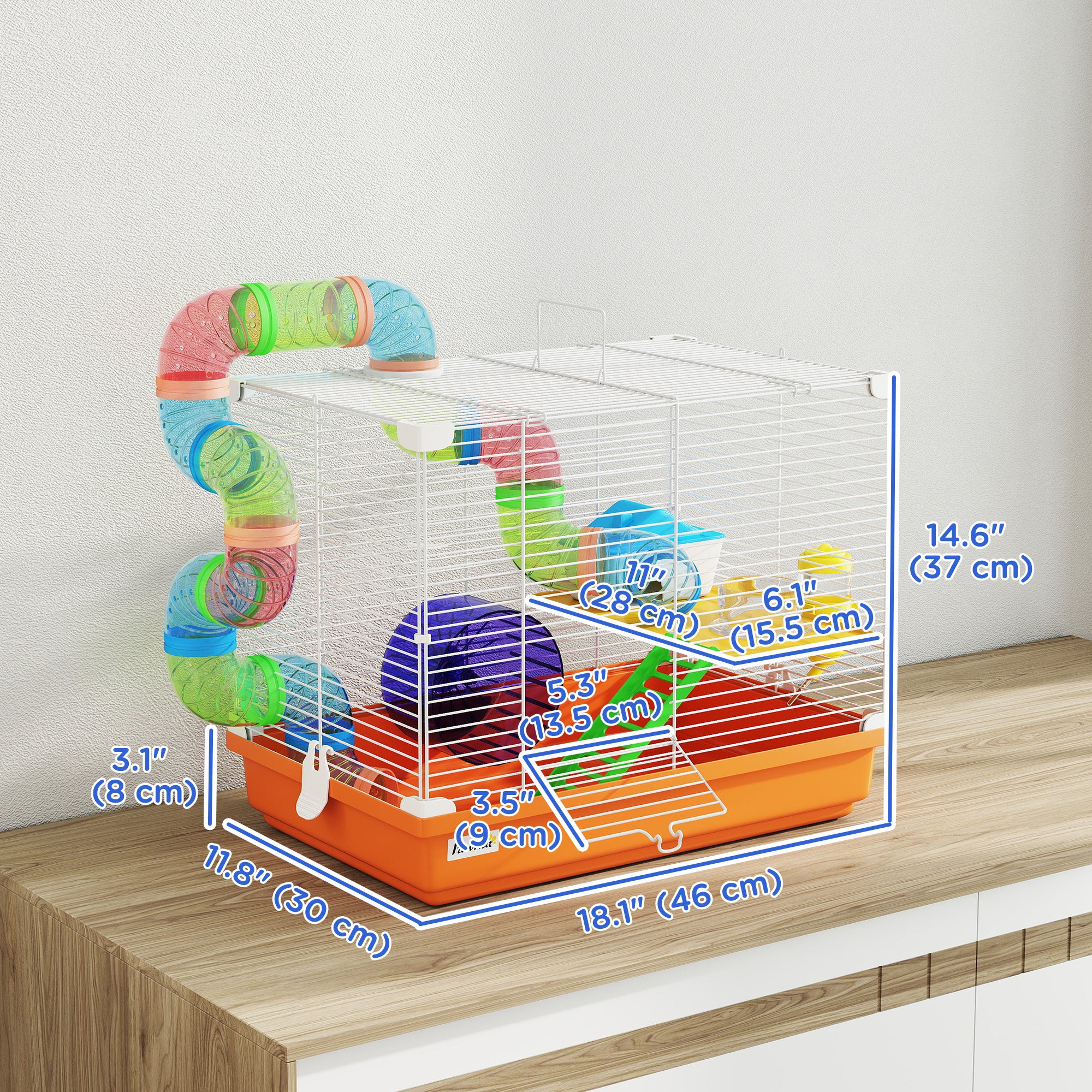18"L Hamster Cage, Small Animal House, 2-Level Rat Gerbil Haven with Tunnel Tube System, Exercise Wheel, Water Bottle, Food Dish, Ramp, Orange