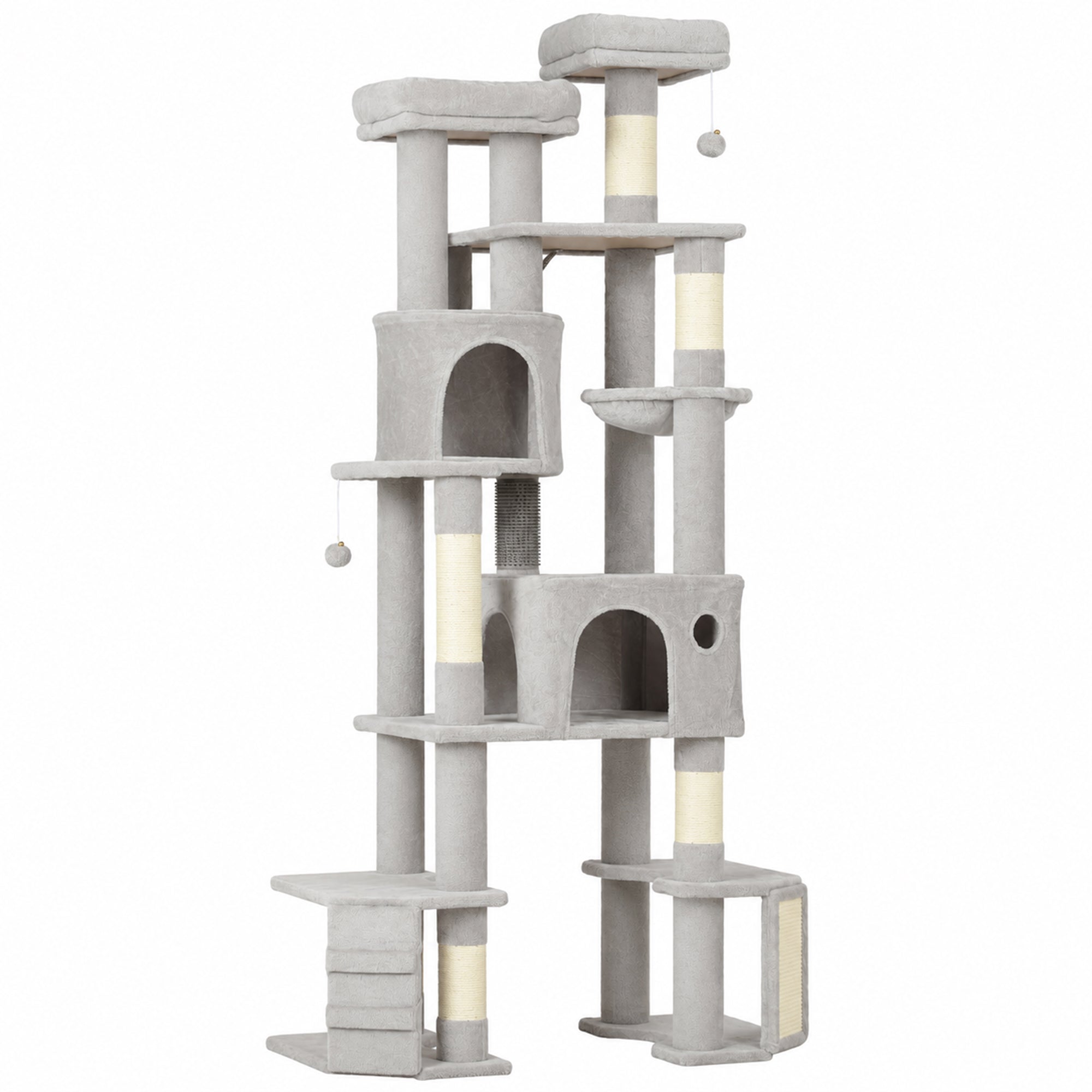 79" Tall Cat Tree for Indoor Large Cats Adult, Multi-Level Kitty Tower Split Baseboard, 2 Condos, 2 Beds, 5 Sisal Scratching Posts, Hammock, Self-Grooming Brush