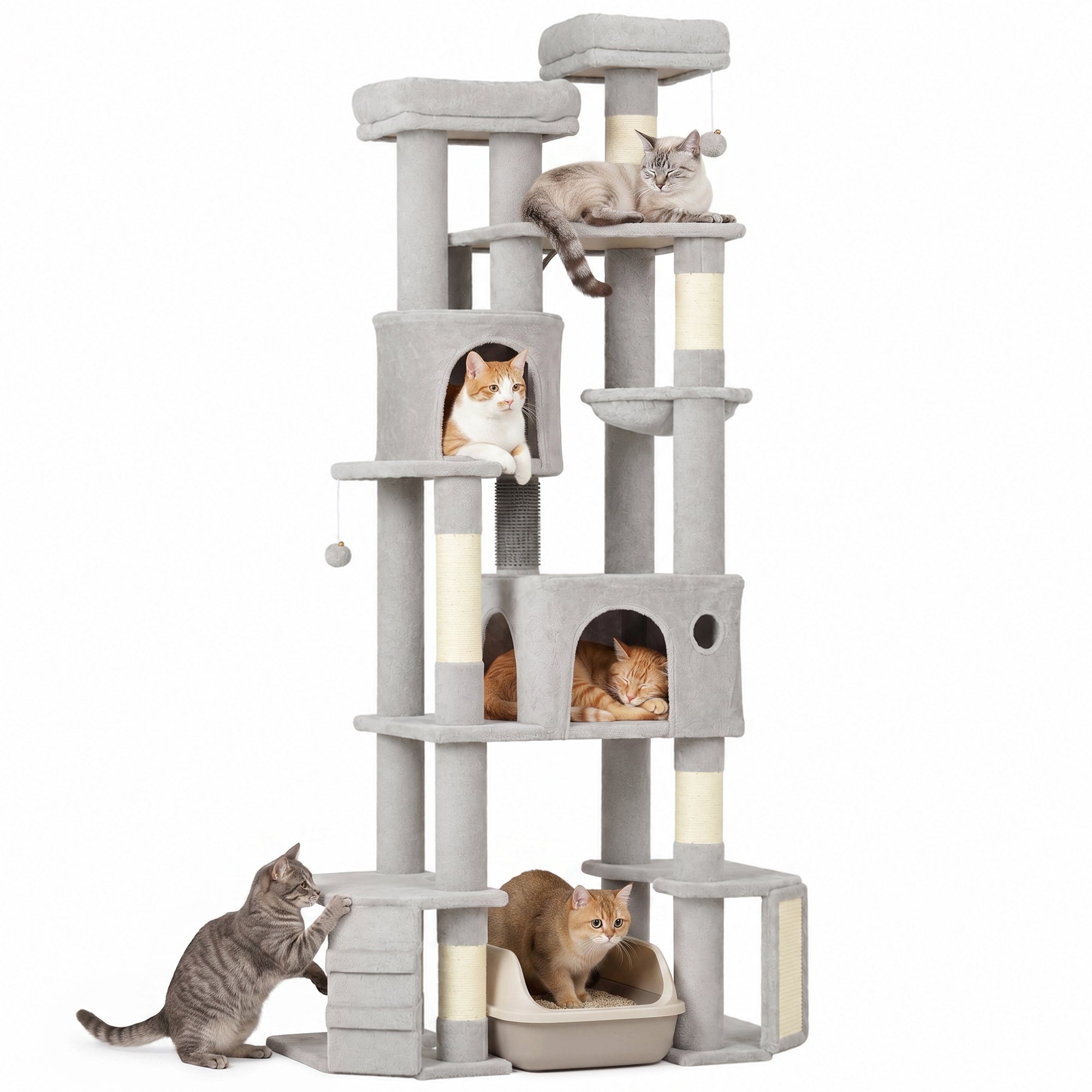 79" Tall Cat Tree for Indoor Large Cats Adult, Multi-Level Kitty Tower Split Baseboard, 2 Condos, 2 Beds, 5 Sisal Scratching Posts, Hammock, Self-Grooming Brush