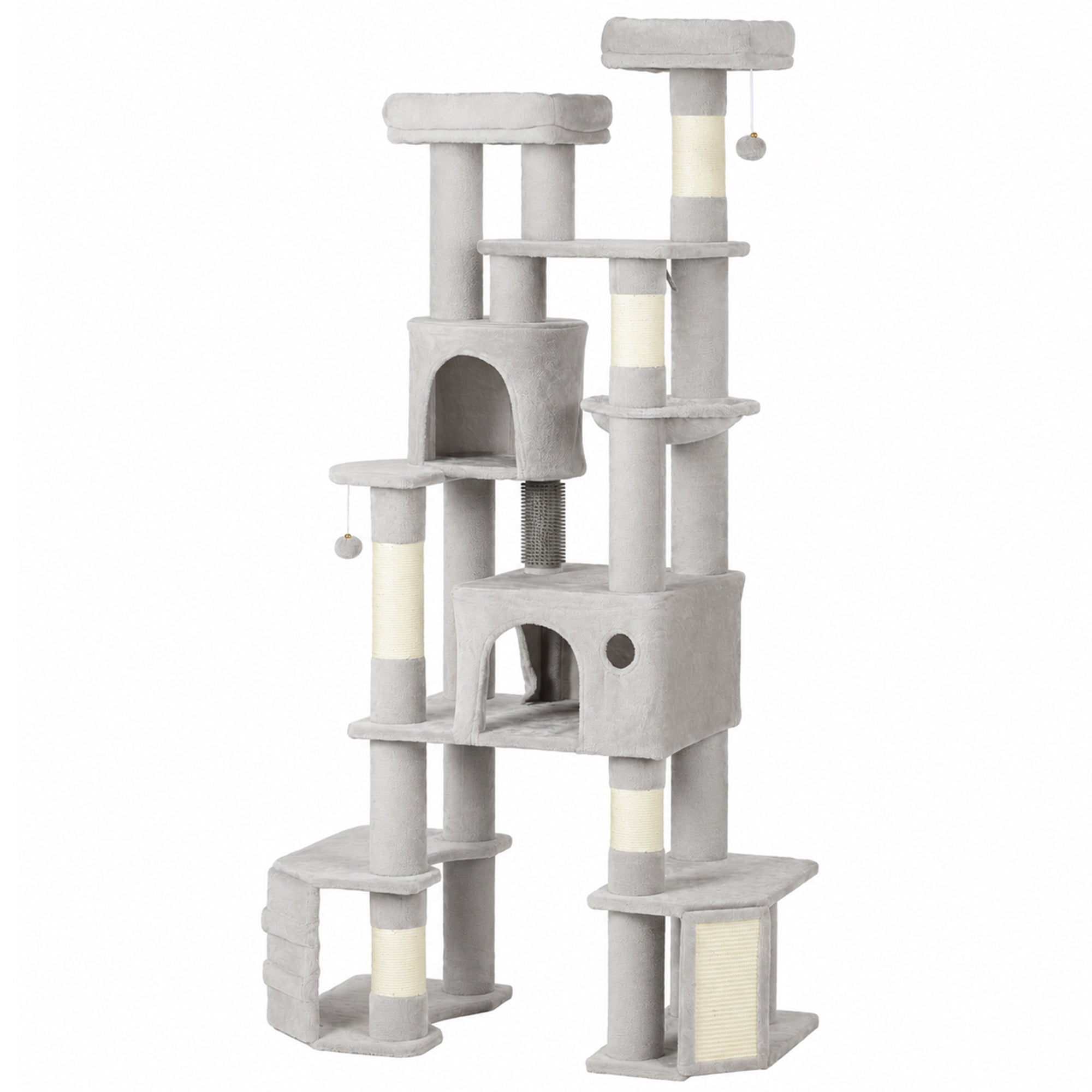 79" Tall Cat Tree for Indoor Large Cats Adult, Multi-Level Kitty Tower Split Baseboard, 2 Condos, 2 Beds, 5 Sisal Scratching Posts, Hammock, Self-Grooming Brush