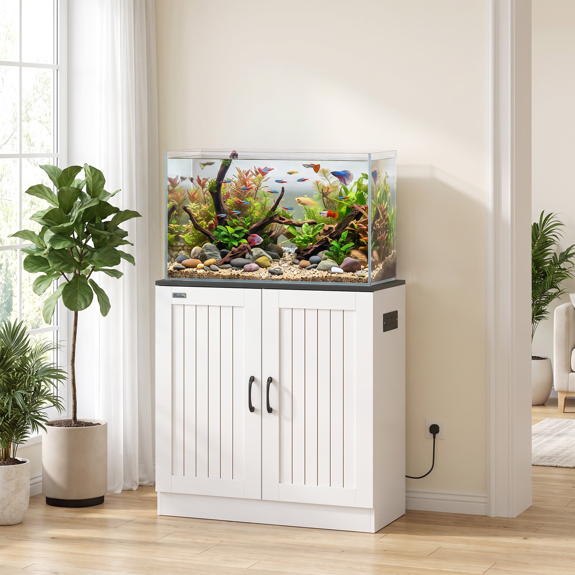 Fish Tank Stand, 20-29 Gallon Aquarium Stand with Power Outlets, Cabinet Storage and Anti-Tip Kit, Wooden Aquarium Cabinet for Home, Living Room, 78 x 35 x 80 cm, White