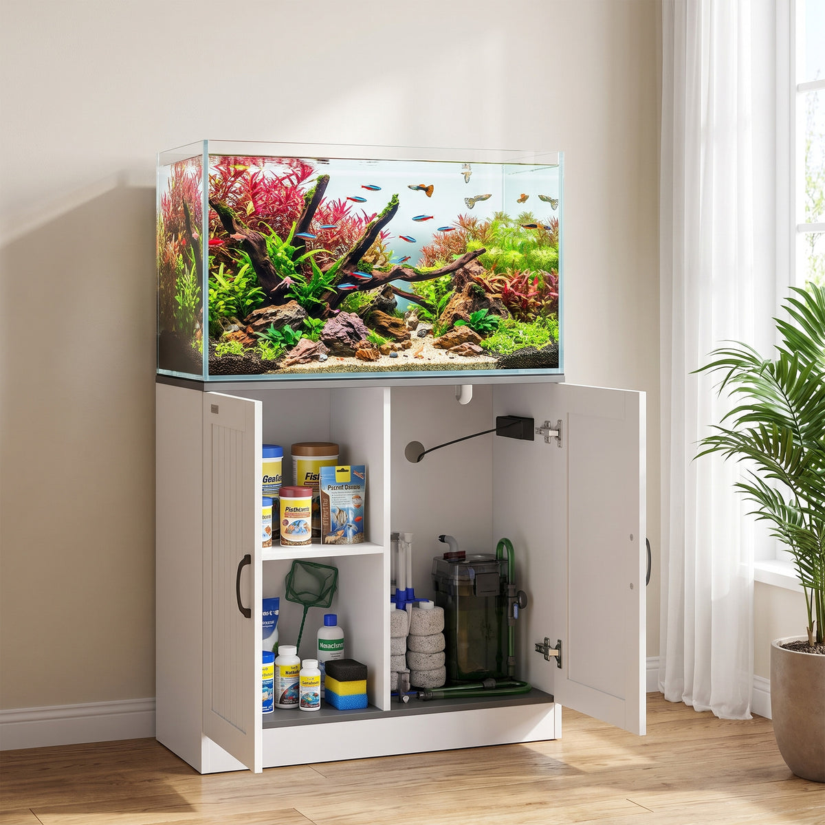 Fish Tank Stand, 20-29 Gallon Aquarium Stand with Power Outlets, Cabinet Storage and Anti-Tip Kit, Wooden Aquarium Cabinet for Home, Living Room, 78 x 35 x 80 cm, White