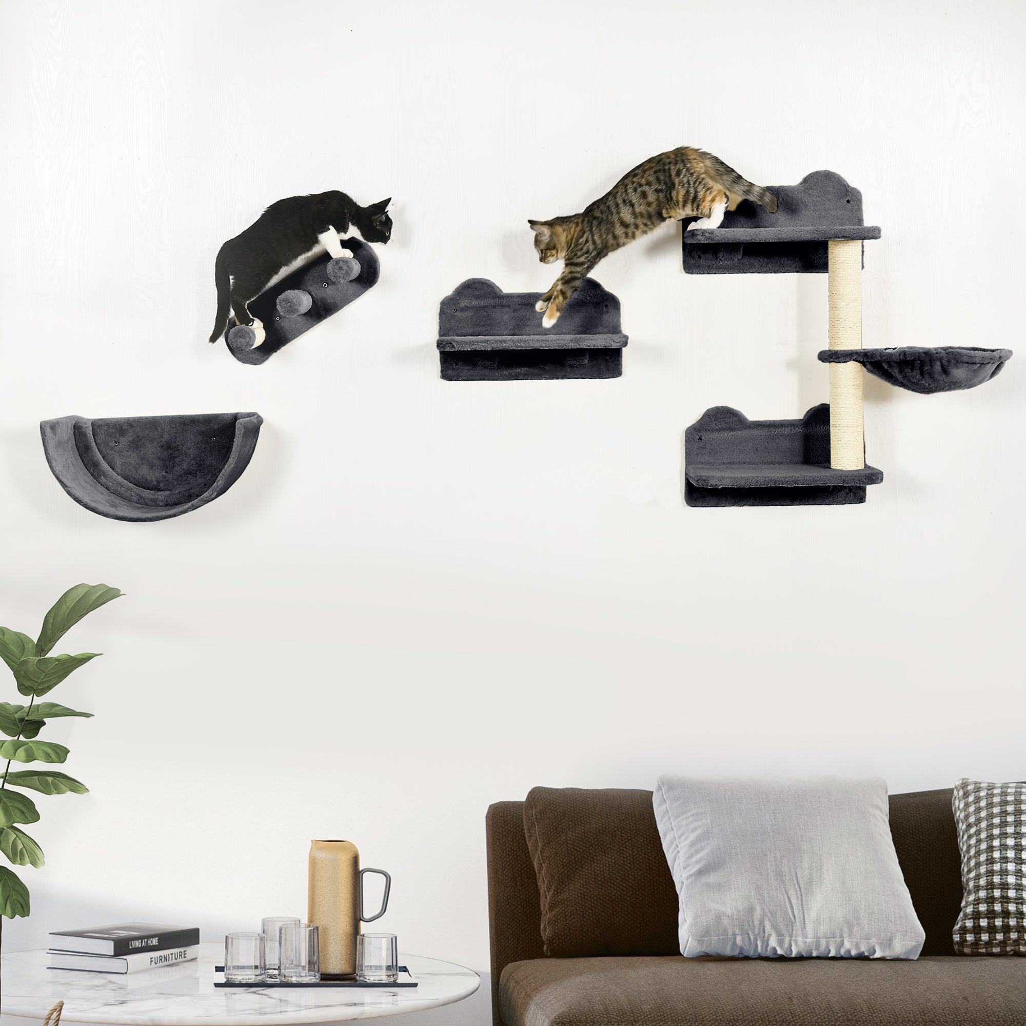 4PCs Wall Mounted Cat Tree Cat Wall Shelves Furniture Climbing Shelf Set Kitten Activity Centre w/ Hammock, Scratching Post - Dark Grey