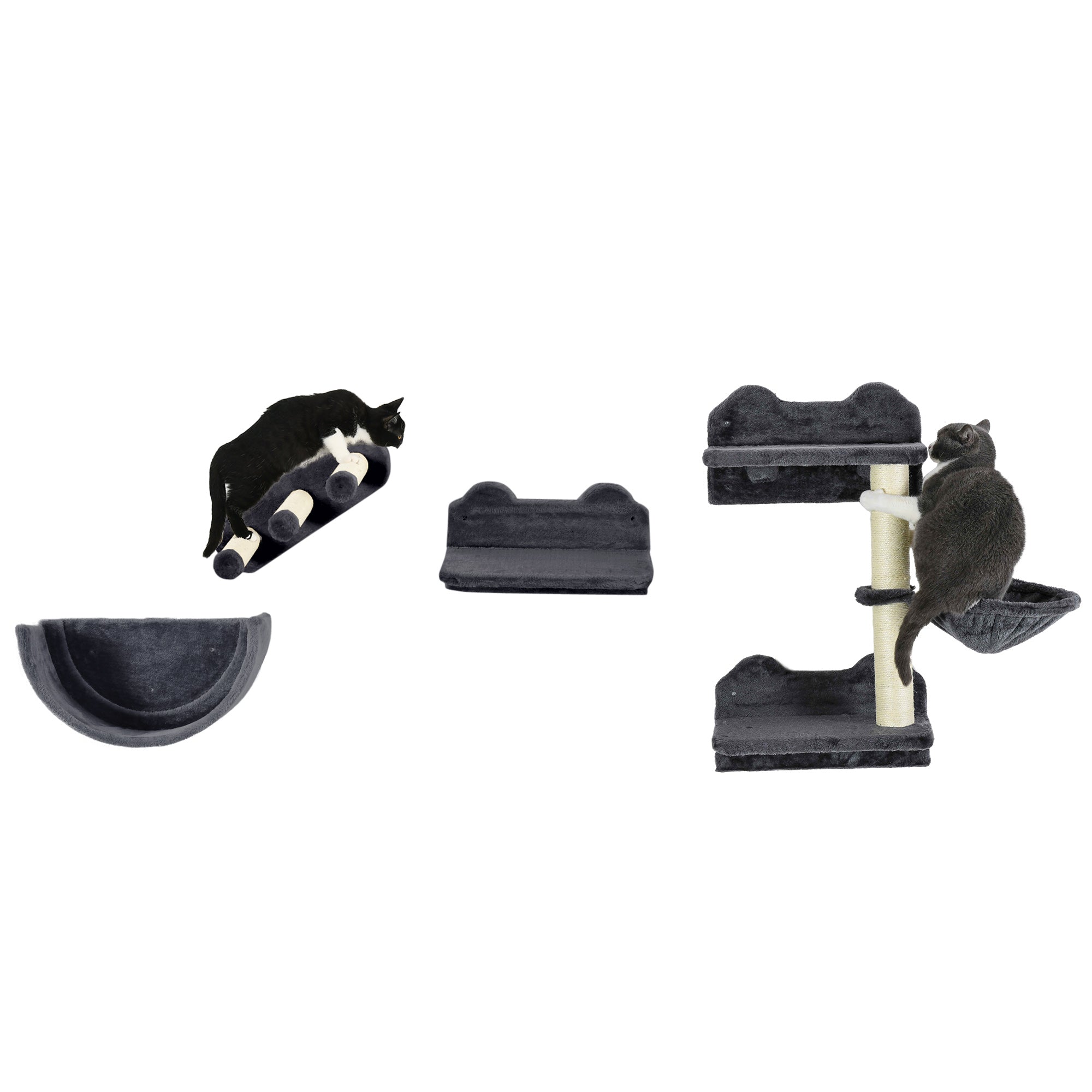 4PCs Wall Mounted Cat Tree Cat Wall Shelves Furniture Climbing Shelf Set Kitten Activity Centre w/ Hammock, Scratching Post - Dark Grey