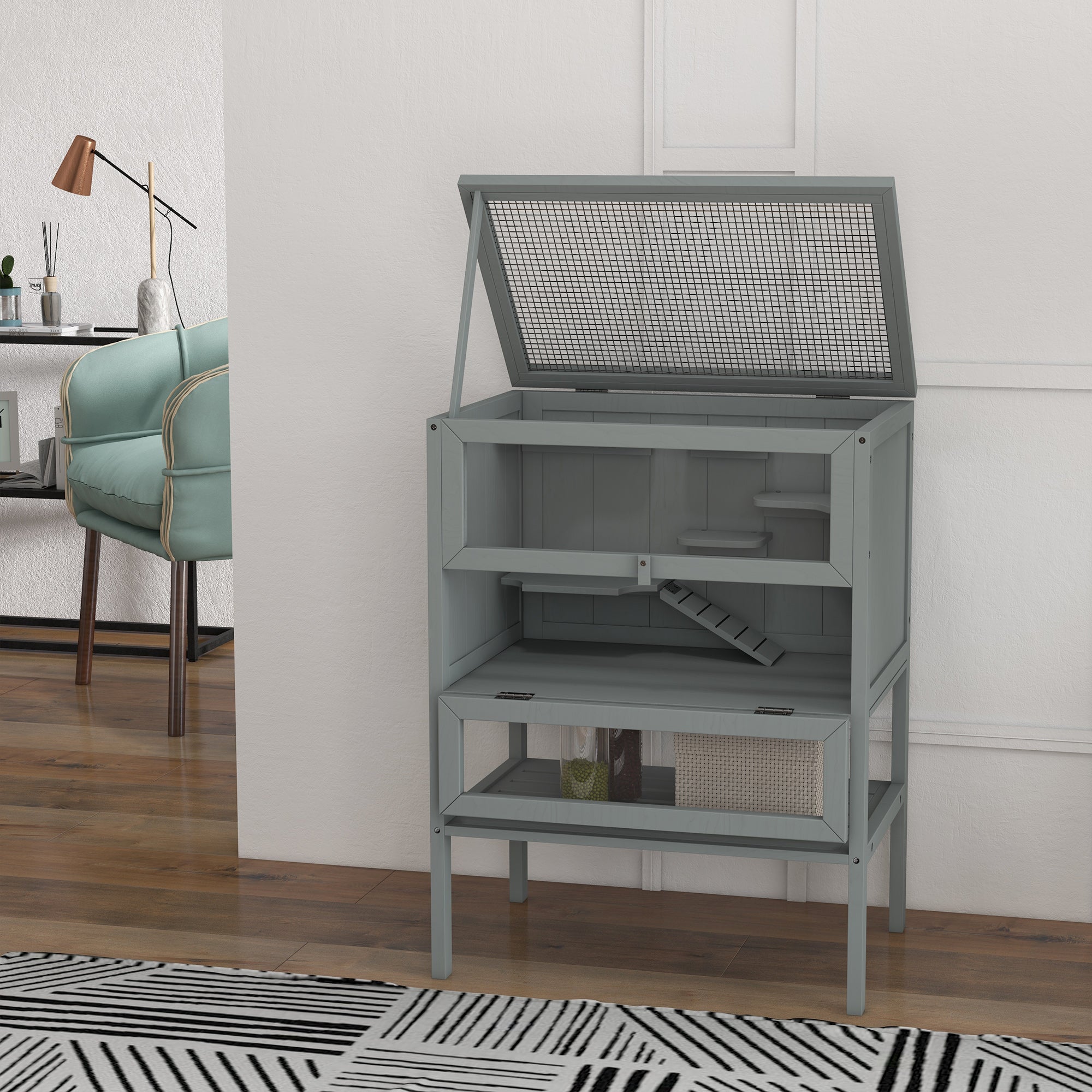 Wooden Hamster Cage with Storage Shelf, Small Animal Exercise Play House with Openable Top, for Hamsters, Gerbils, 60 x 40 x 80 cm - Grey