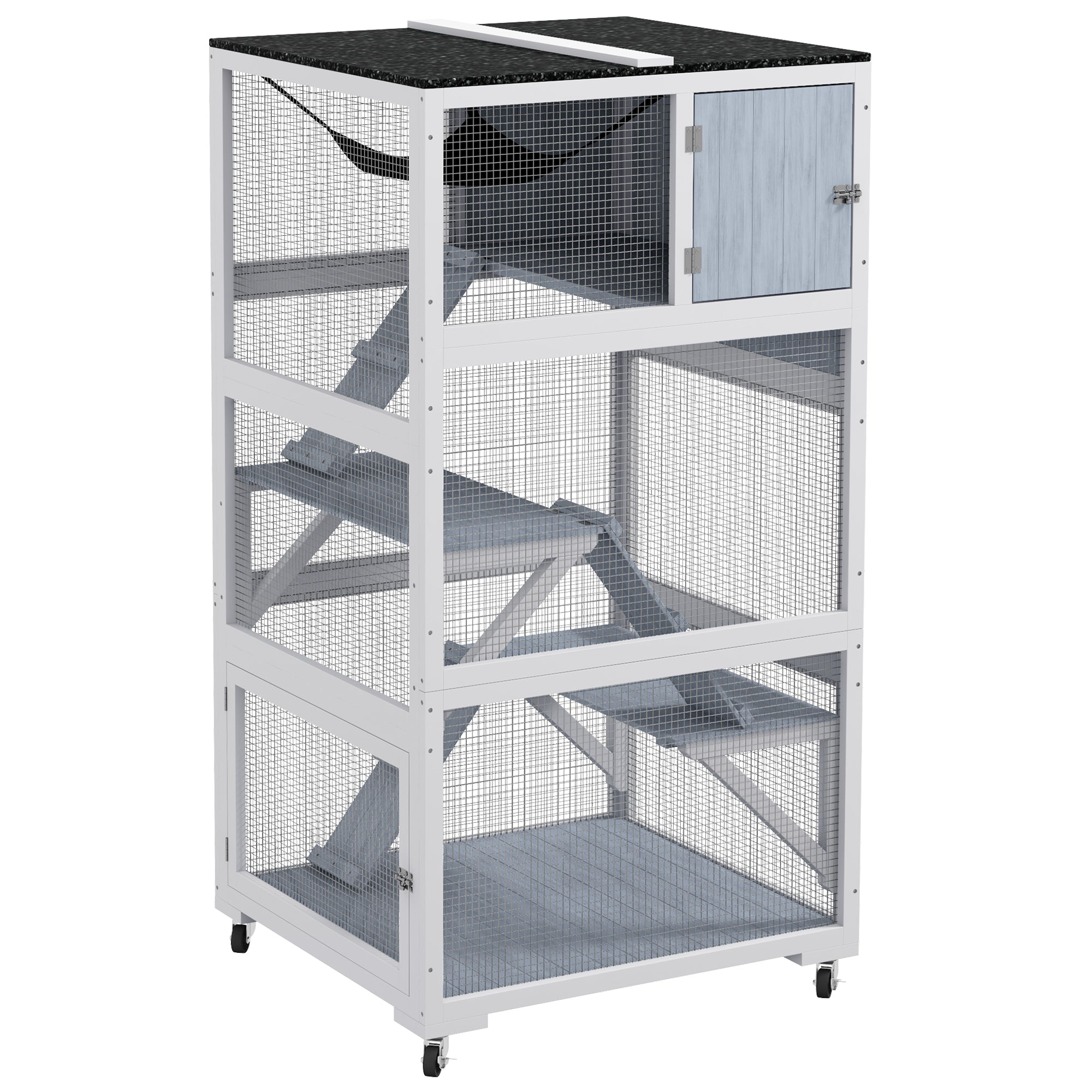 66"H Catio on Brake Wheel, Indoor Outdoor Cat Enclosure Cage with Weatherproof Roof Hammock Multiple Platforms Resting Condo Ramps Lockable Doors, for 1-3 Cats, Grey
