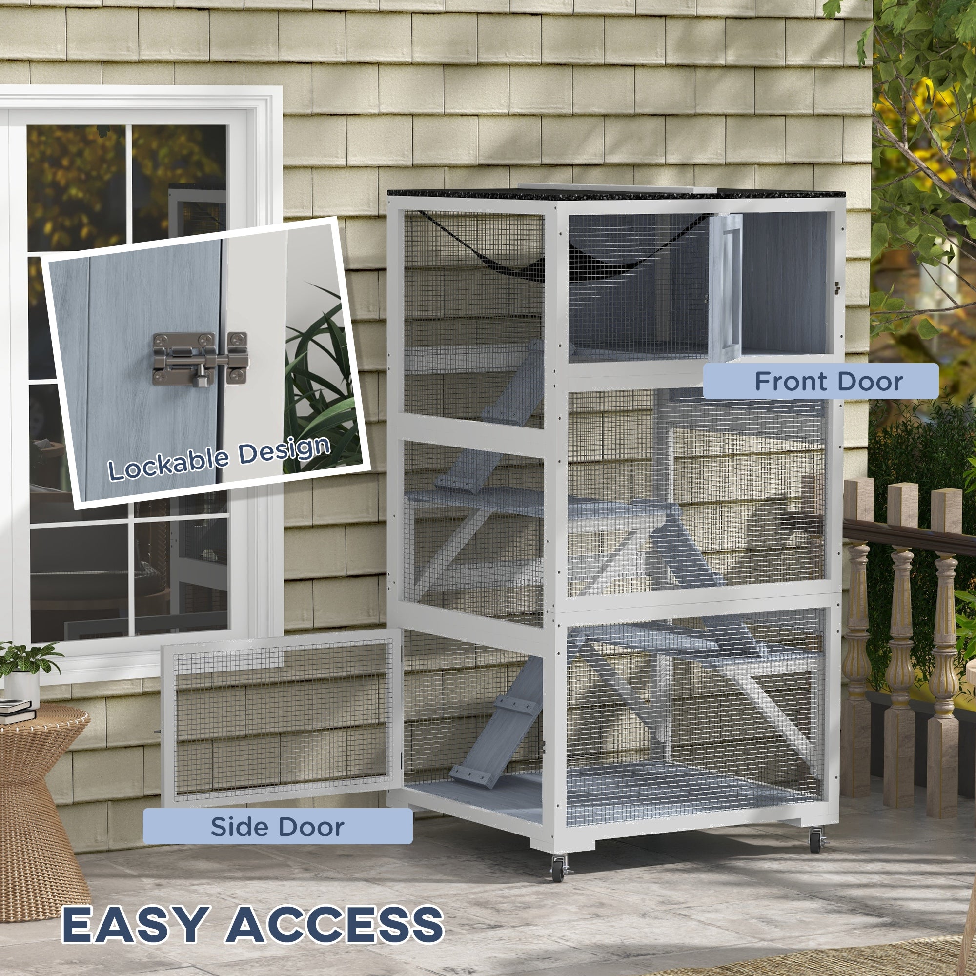 66"H Catio on Brake Wheel, Indoor Outdoor Cat Enclosure Cage with Weatherproof Roof Hammock Multiple Platforms Resting Condo Ramps Lockable Doors, for 1-3 Cats, Grey