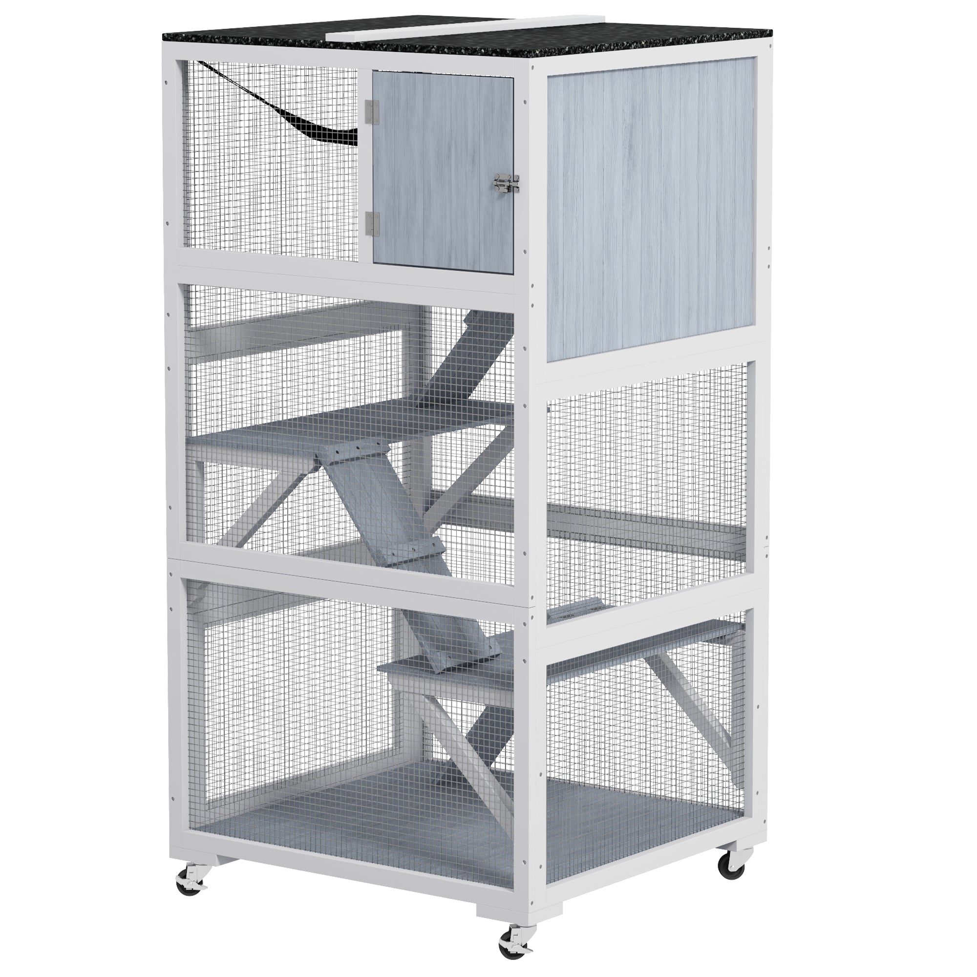 66"H Catio on Brake Wheel, Indoor Outdoor Cat Enclosure Cage with Weatherproof Roof Hammock Multiple Platforms Resting Condo Ramps Lockable Doors, for 1-3 Cats, Grey
