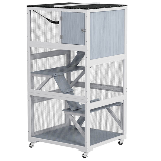 66"H Catio on Brake Wheel, Indoor Outdoor Cat Enclosure Cage with Weatherproof Roof Hammock Multiple Platforms Resting Condo Ramps Lockable Doors, for 1-3 Cats, Grey