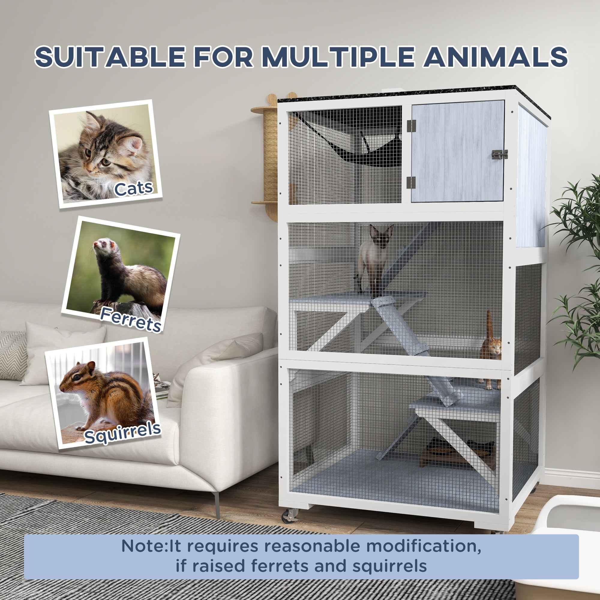 66"H Catio on Brake Wheel, Indoor Outdoor Cat Enclosure Cage with Weatherproof Roof Hammock Multiple Platforms Resting Condo Ramps Lockable Doors, for 1-3 Cats, Grey