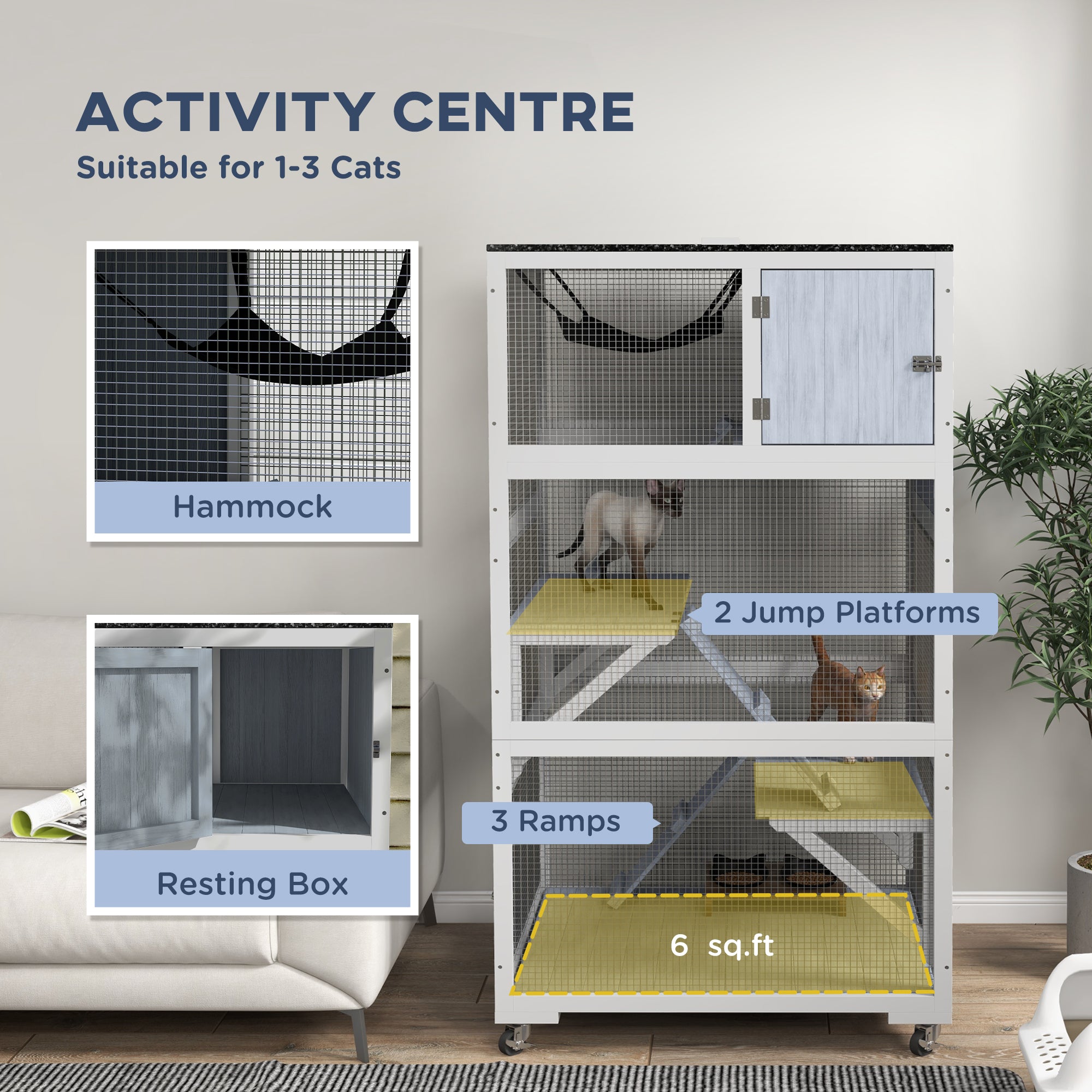 66"H Catio on Brake Wheel, Indoor Outdoor Cat Enclosure Cage with Weatherproof Roof Hammock Multiple Platforms Resting Condo Ramps Lockable Doors, for 1-3 Cats, Grey