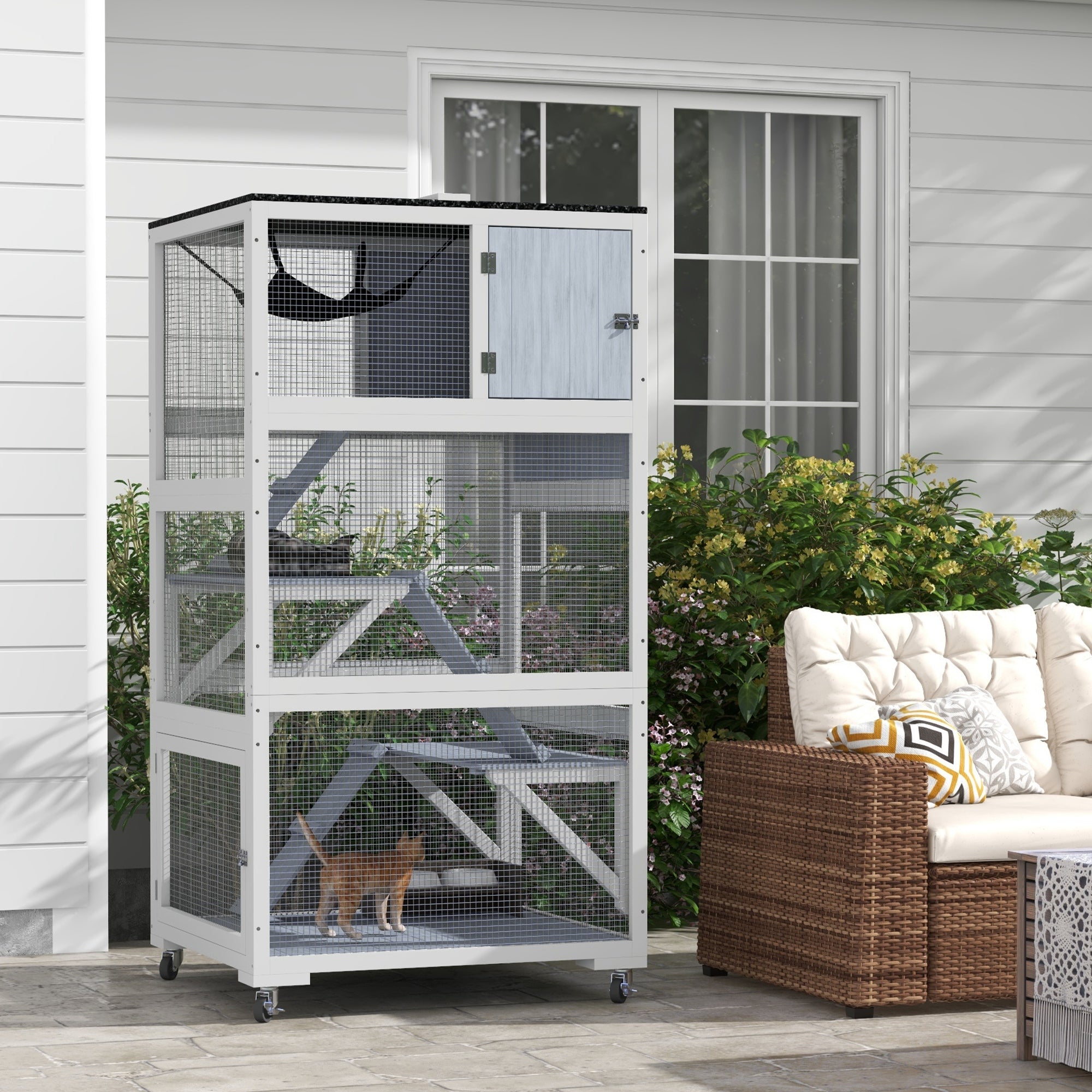 66"H Catio on Brake Wheel, Indoor Outdoor Cat Enclosure Cage with Weatherproof Roof Hammock Multiple Platforms Resting Condo Ramps Lockable Doors, for 1-3 Cats, Grey