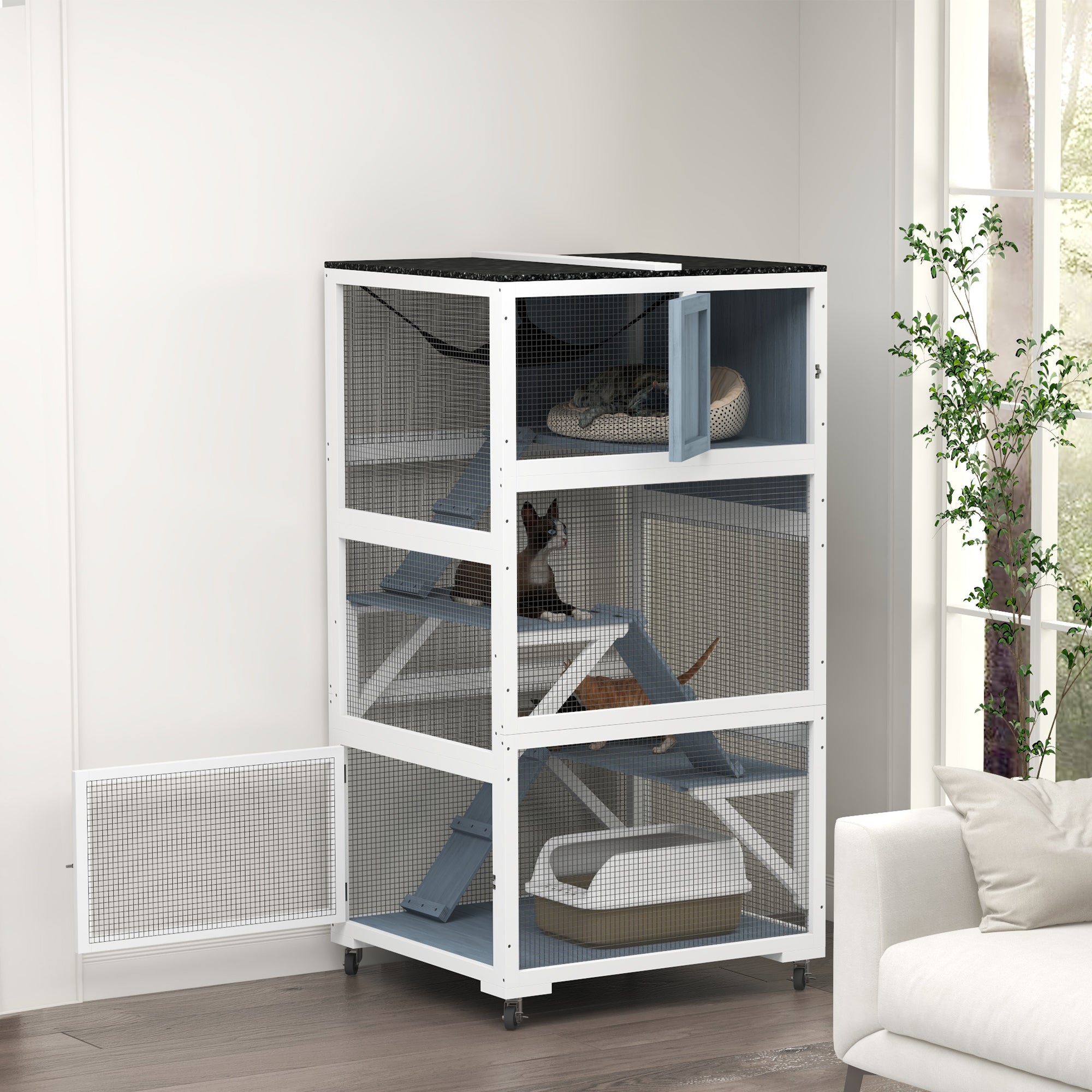 66"H Catio on Brake Wheel, Indoor Outdoor Cat Enclosure Cage with Weatherproof Roof Hammock Multiple Platforms Resting Condo Ramps Lockable Doors, for 1-3 Cats, Grey