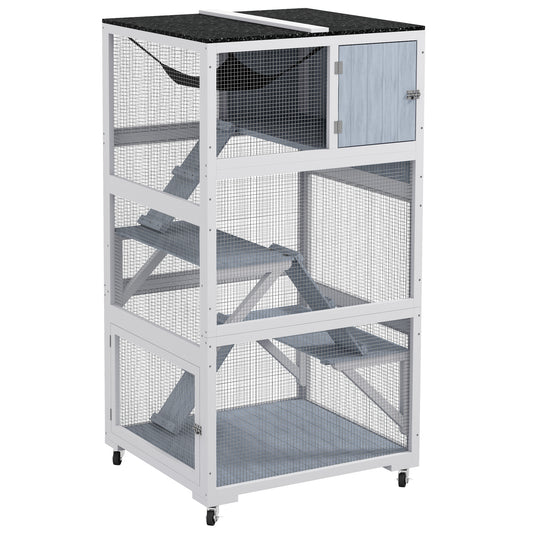 66"H Catio on Brake Wheel, Indoor Outdoor Cat Enclosure Cage with Weatherproof Roof Hammock Multiple Platforms Resting Condo Ramps Lockable Doors, for 1-3 Cats, Grey
