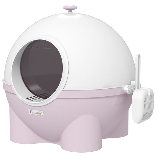 Cat Litter Box with Lid, Enclosed Kitty Litter Box with Scoop, Leaking Sand Pedal, Top Handle, Pink