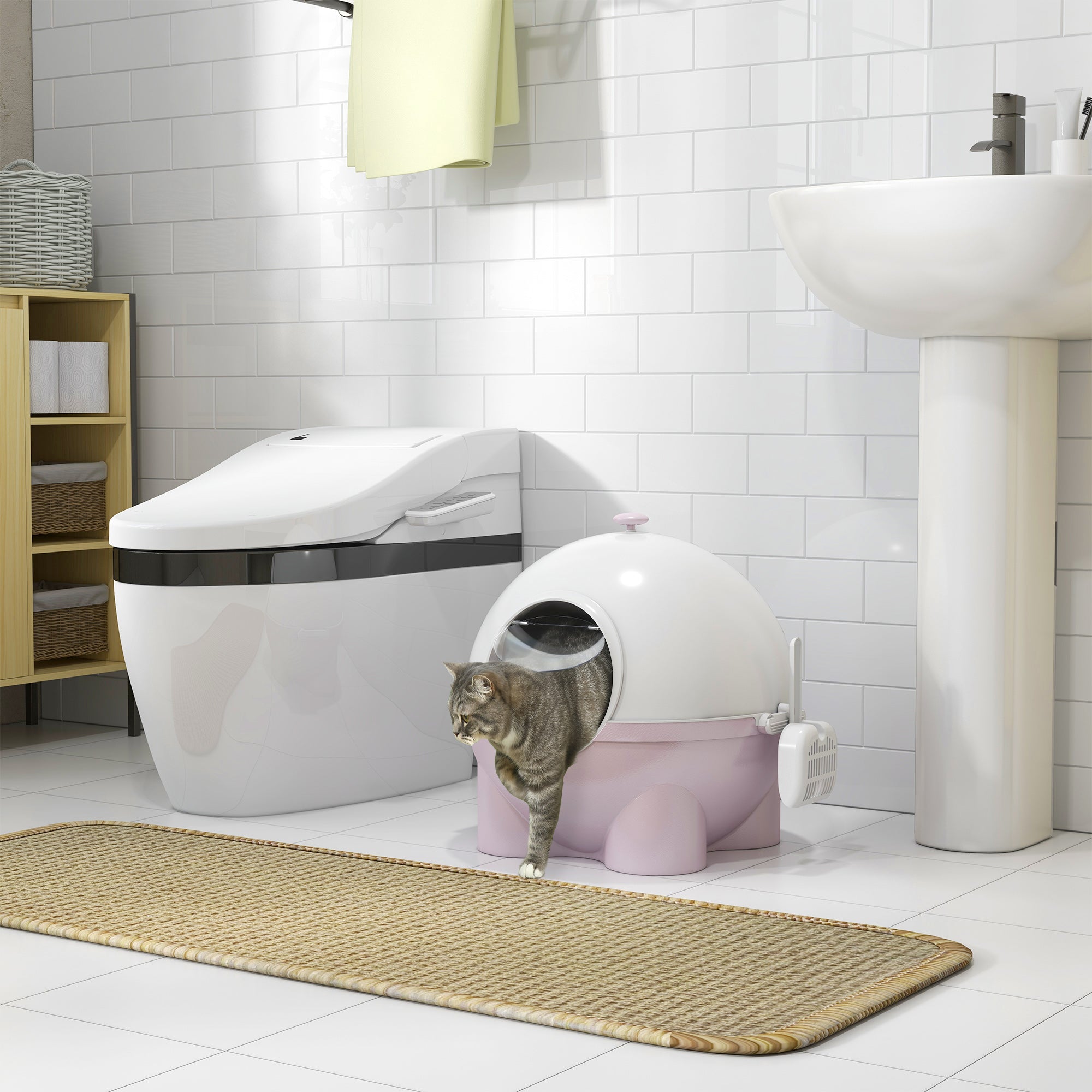Large Cat Litter Box, Hooded Cat Litter Tray with Lid, Scoop, Top Handle, Front Entrance, 53 x 51 x 48cm - Pink