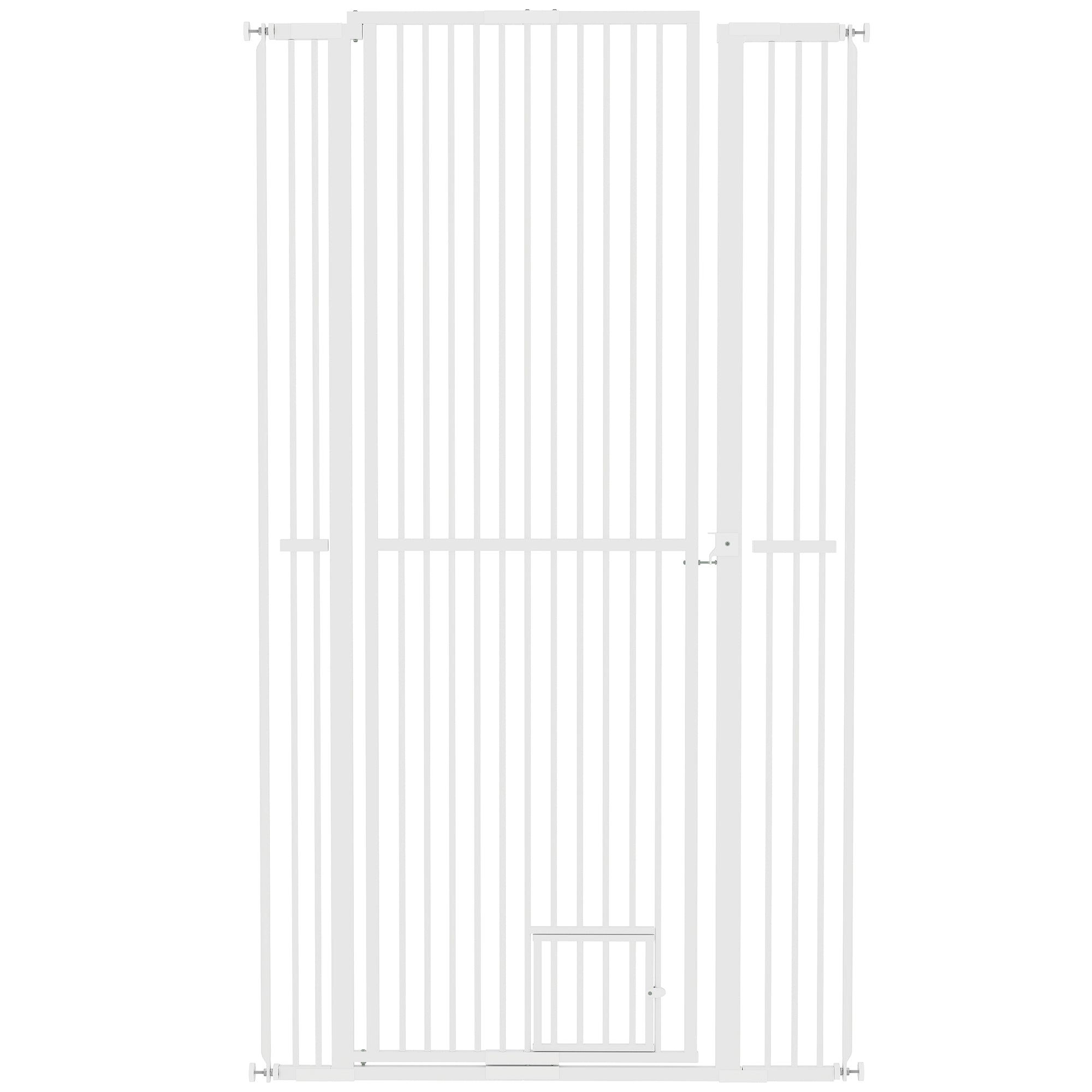 PawHut 67" Extra Tall Pet Gate for Cats, 30"-41" Cat Gate with Small Cat Door, 1.4" Narrow Gap, 2.8" and 5.5" Extension, Pressure Mounted No Drilling Dog Gate for Doorway, Hallway, Stairway, White