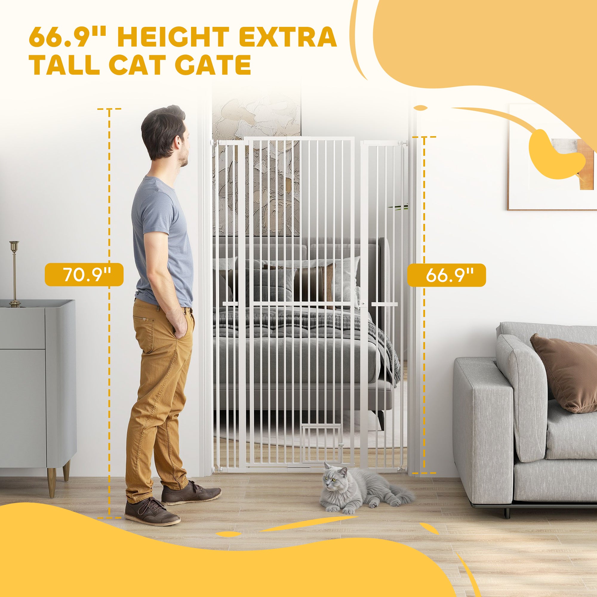 PawHut 67" Extra Tall Pet Gate for Cats, 30"-41" Cat Gate with Small Cat Door, 1.4" Narrow Gap, 2.8" and 5.5" Extension, Pressure Mounted No Drilling Dog Gate for Doorway, Hallway, Stairway, White