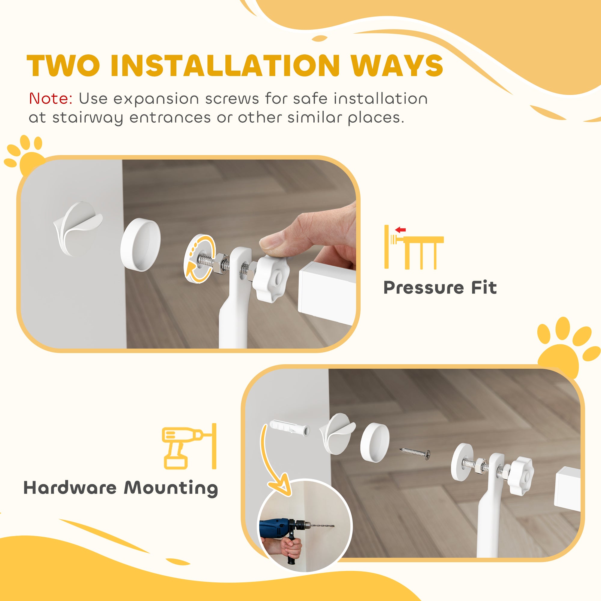 PawHut 67" Extra Tall Pet Gate for Cats, 30"-41" Cat Gate with Small Cat Door, 1.4" Narrow Gap, 2.8" and 5.5" Extension, Pressure Mounted No Drilling Dog Gate for Doorway, Hallway, Stairway, White