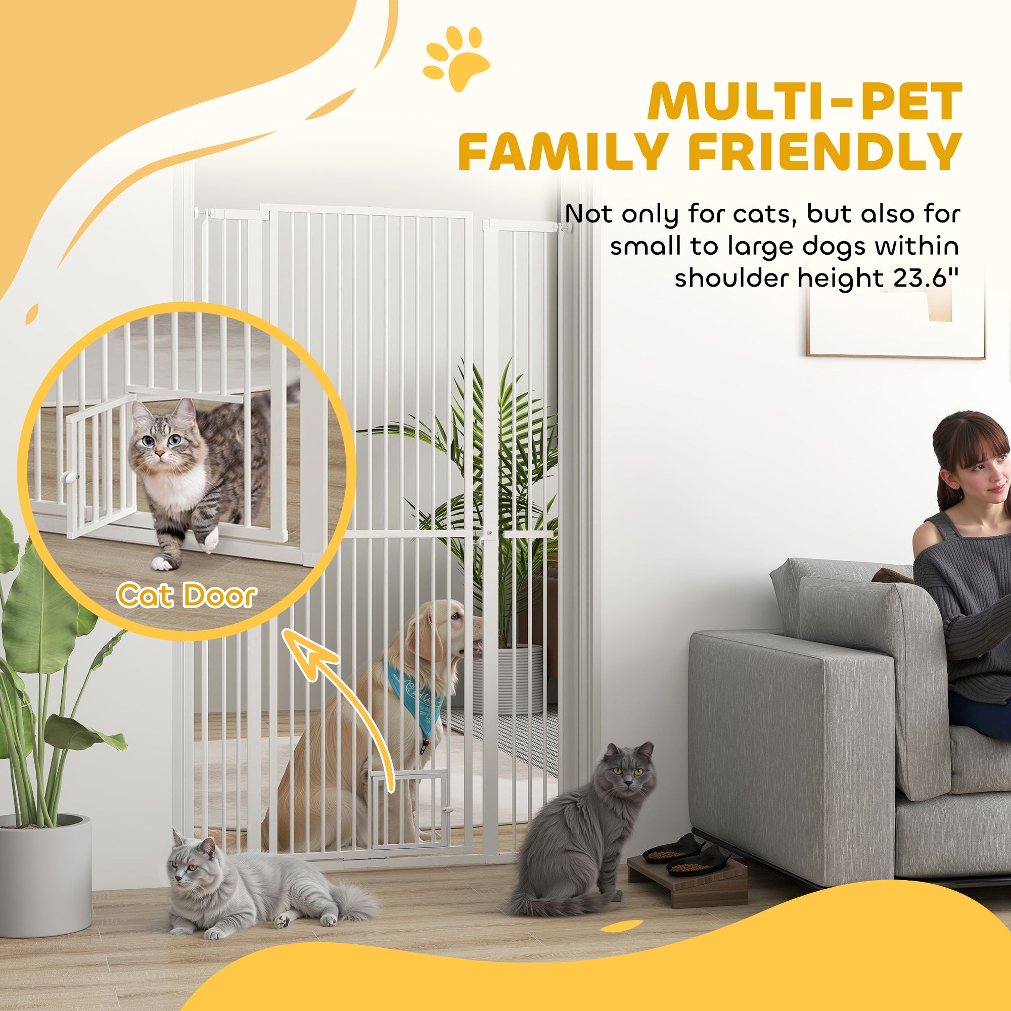 PawHut 67" Extra Tall Pet Gate for Cats, 30"-41" Cat Gate with Small Cat Door, 1.4" Narrow Gap, 2.8" and 5.5" Extension, Pressure Mounted No Drilling Dog Gate for Doorway, Hallway, Stairway, White