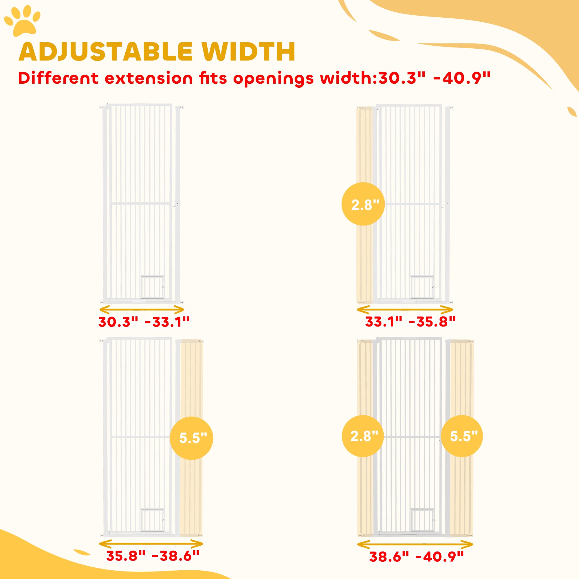 PawHut 67" Extra Tall Pet Gate for Cats, 30"-41" Cat Gate with Small Cat Door, 1.4" Narrow Gap, 2.8" and 5.5" Extension, Pressure Mounted No Drilling Dog Gate for Doorway, Hallway, Stairway, White