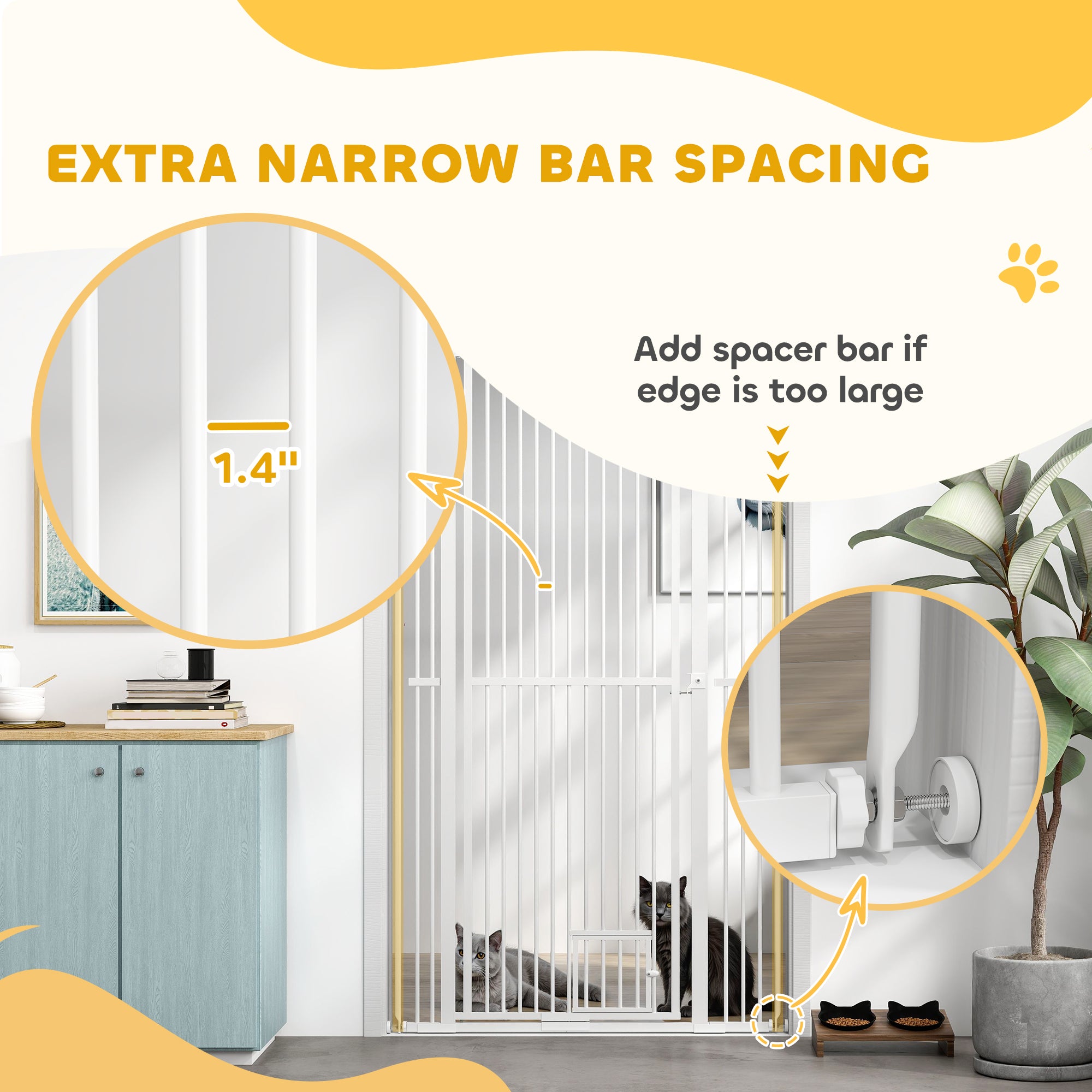PawHut 67" Extra Tall Pet Gate for Cats, 30"-41" Cat Gate with Small Cat Door, 1.4" Narrow Gap, 2.8" and 5.5" Extension, Pressure Mounted No Drilling Dog Gate for Doorway, Hallway, Stairway, White
