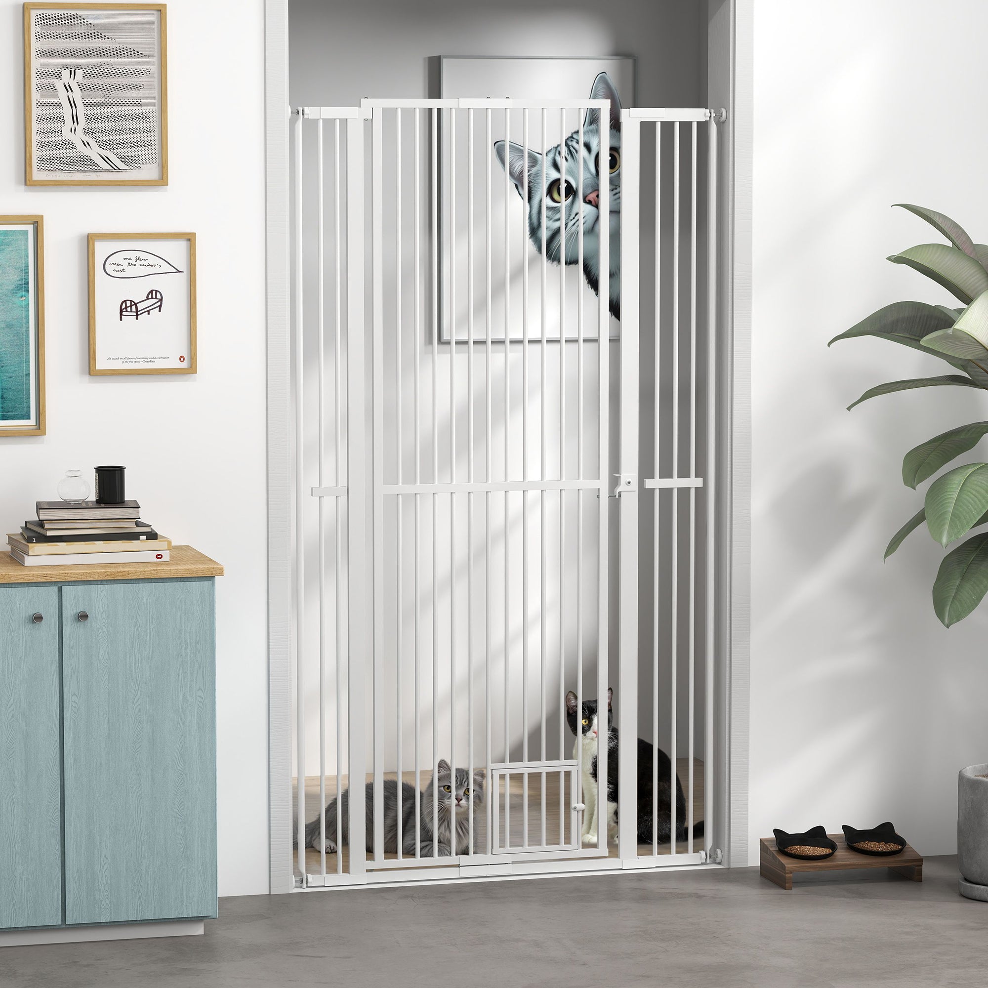 PawHut 67" Extra Tall Pet Gate for Cats, 30"-41" Cat Gate with Small Cat Door, 1.4" Narrow Gap, 2.8" and 5.5" Extension, Pressure Mounted No Drilling Dog Gate for Doorway, Hallway, Stairway, White