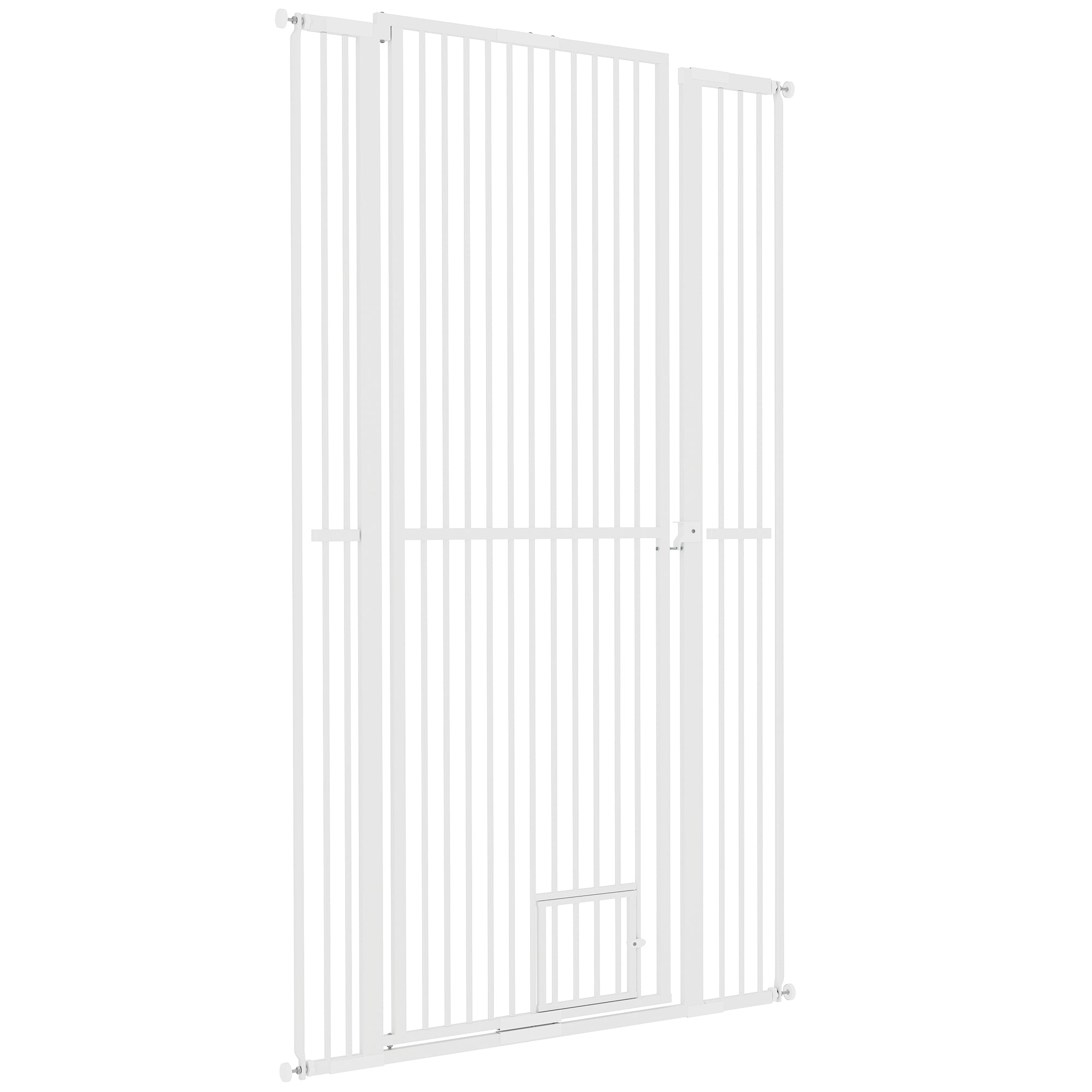 PawHut 67" Extra Tall Pet Gate for Cats, 30"-41" Cat Gate with Small Cat Door, 1.4" Narrow Gap, 2.8" and 5.5" Extension, Pressure Mounted No Drilling Dog Gate for Doorway, Hallway, Stairway, White