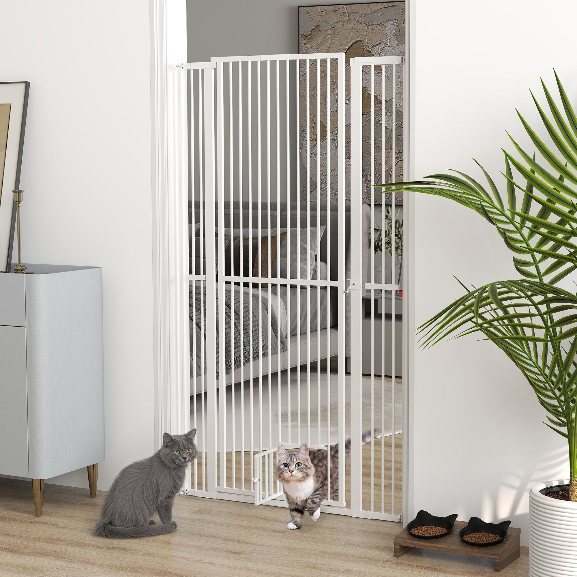 PawHut 67" Extra Tall Pet Gate for Cats, 30"-41" Cat Gate with Small Cat Door, 1.4" Narrow Gap, 2.8" and 5.5" Extension, Pressure Mounted No Drilling Dog Gate for Doorway, Hallway, Stairway, White