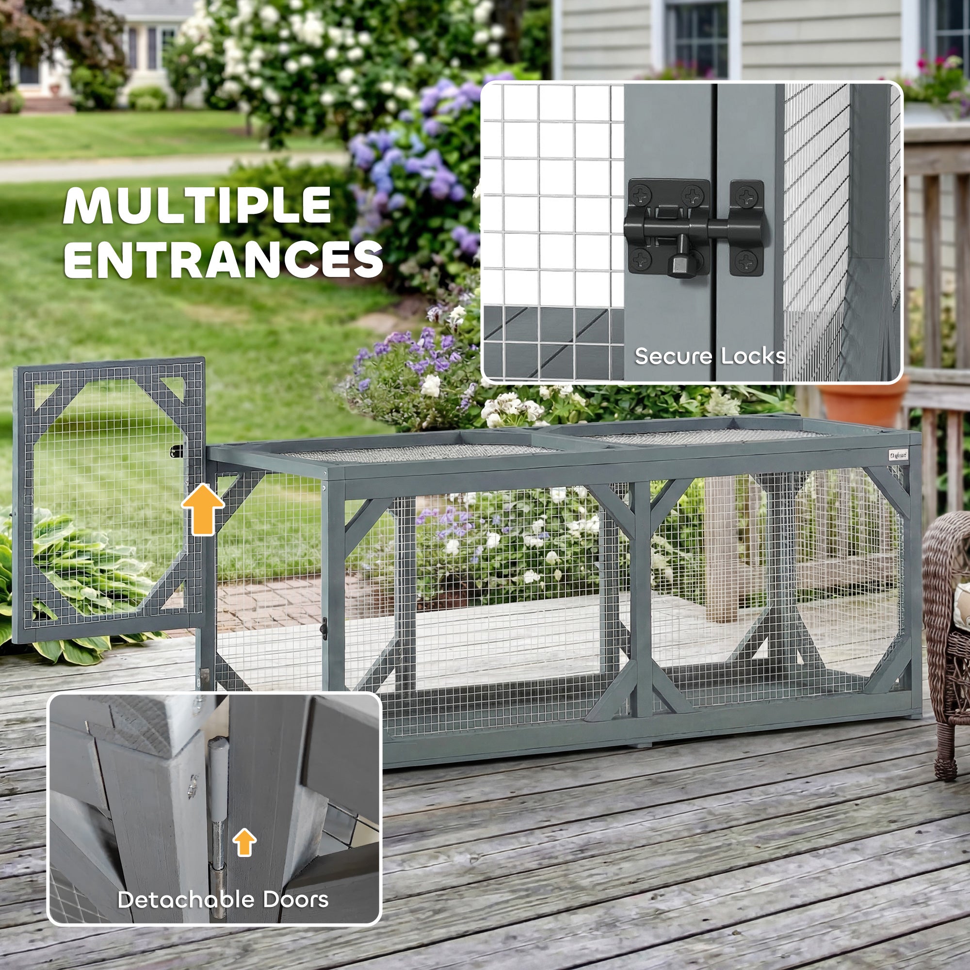 Cat Tunnel, Wooden Catio Outdoor Cat Enclosure with 2 Doors and Extendable Design, Wall-Mounted Pet Run for Indoor/Outdoor Use, Grey