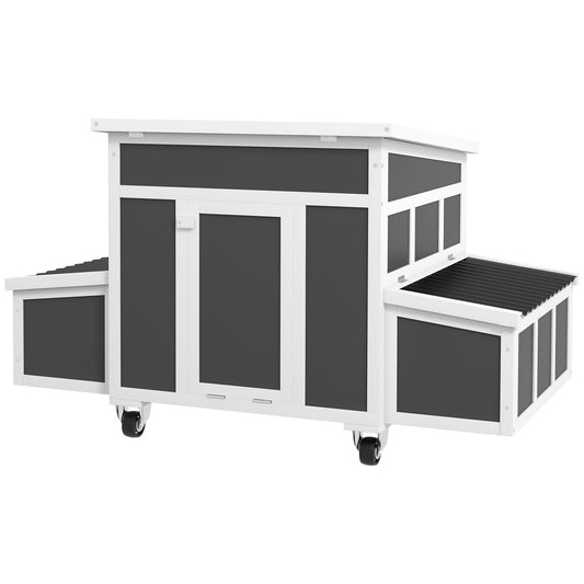 Chicken Coop, Wooden Hen House with Wheels for 6 Chickens, Outdoor Poultry Cage Rabbit Hutch Duck Coop Hen House with Nesting Box, Tray, Windows, Dark Grey