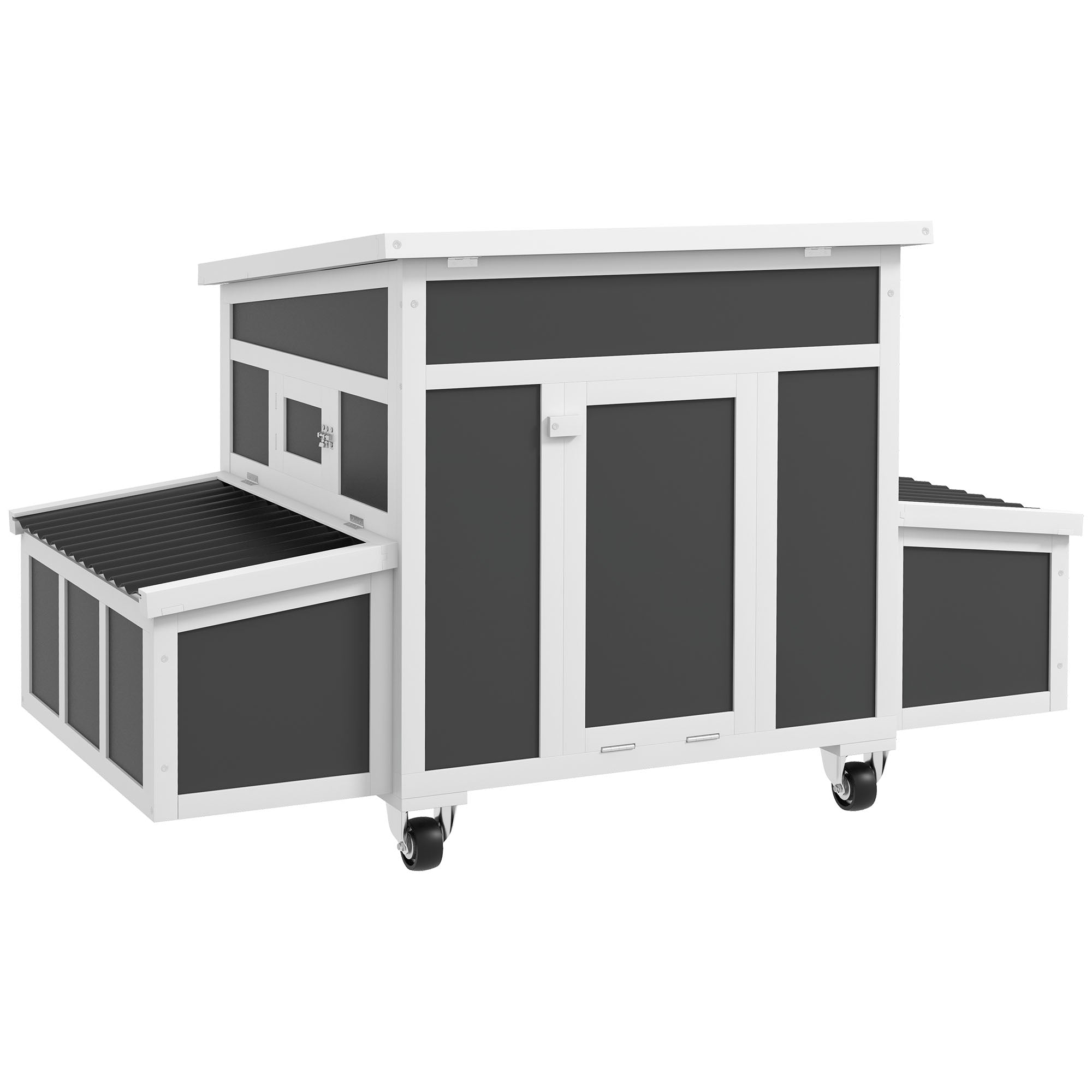 Chicken Coop, Wooden Hen House with Wheels for 6 Chickens, Outdoor Poultry Cage Rabbit Hutch Duck Coop Hen House with Nesting Box, Tray, Windows, Dark Grey