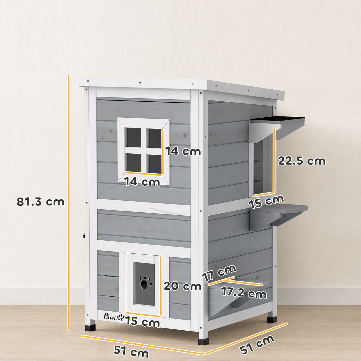 Wooden Cat House 2-Floor Outdoor Kitten Shelter with 3 Doors and Window Grey