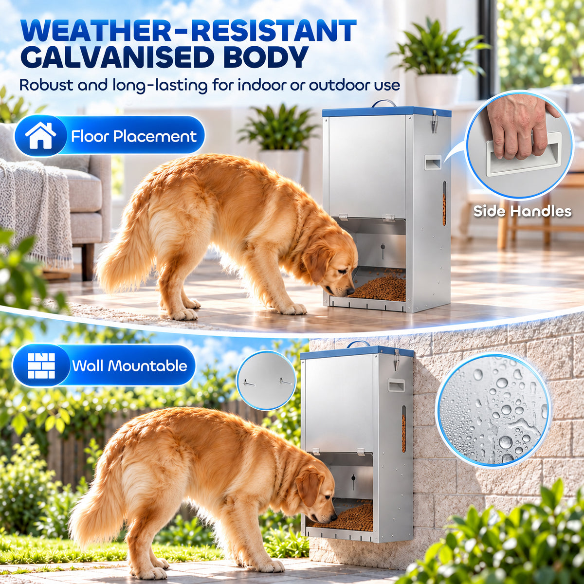 50lbs Automatic Dog Feeder, Galvanized Gravity Pet Feeder with Lockable Clear Door, Indoor and Outdoor Use, Wall Mountable, Portable Handles, Auto Dog Food Dispenser for Large Breeds
