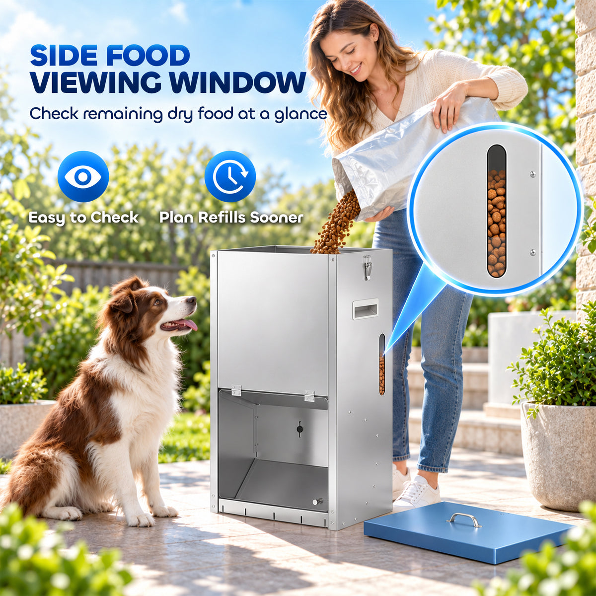 50lbs Automatic Dog Feeder, Galvanized Gravity Pet Feeder with Lockable Clear Door, Indoor and Outdoor Use, Wall Mountable, Portable Handles, Auto Dog Food Dispenser for Large Breeds