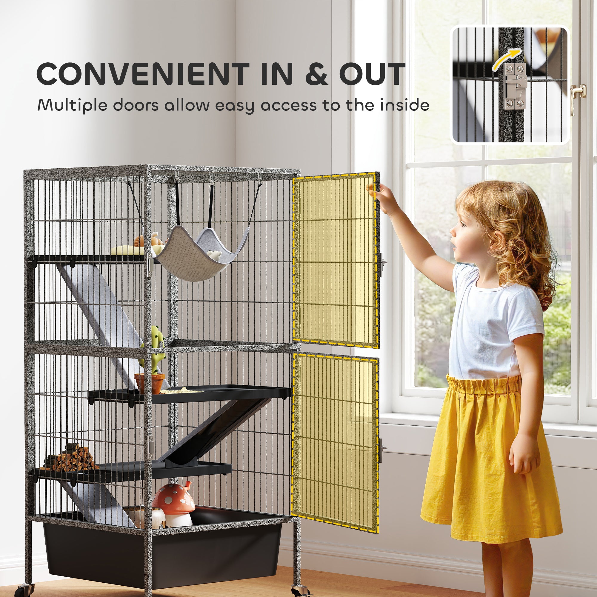 45 Inch Small Animal Cage, 4-Tier Rolling Ferret Chinchilla Rabbit Cage with 6 Inch Deep Slide-Out Tray, Platforms, Hammock, for Bunnies, Ferrets, Chinchillas, Squirrels, Gray