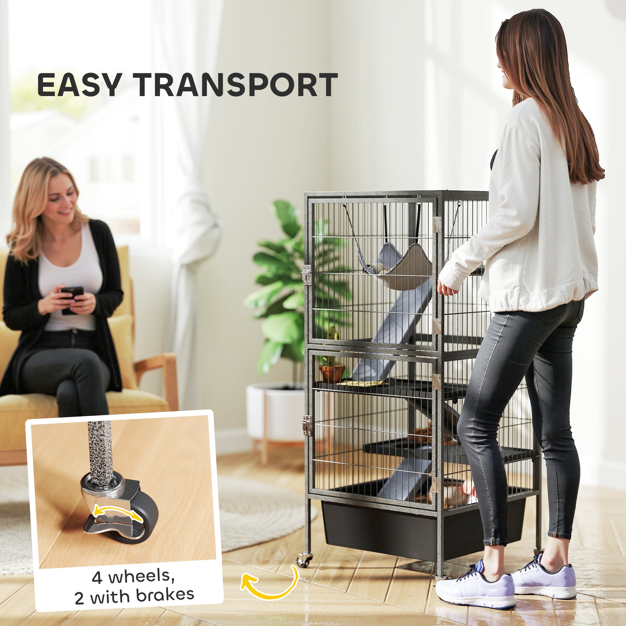 45 Inch Small Animal Cage, 4-Tier Rolling Ferret Chinchilla Rabbit Cage with 6 Inch Deep Slide-Out Tray, Platforms, Hammock, for Bunnies, Ferrets, Chinchillas, Squirrels, Gray