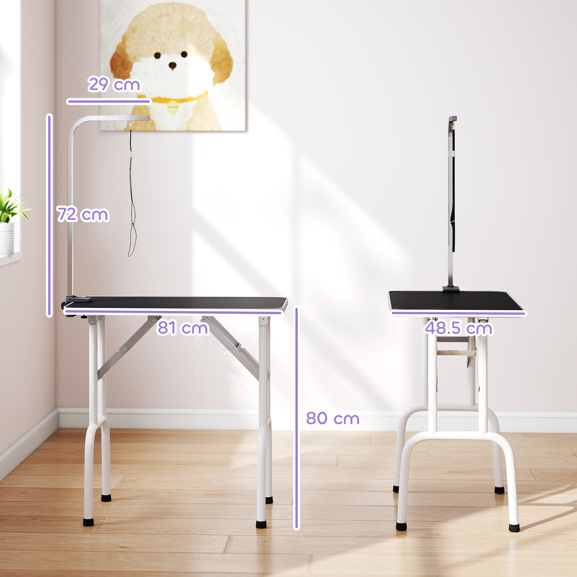 32" Foldable Dog Grooming Table Pet Drying Beauty Table with 20-60cm Adjustable Arm, Rubber Top, Black