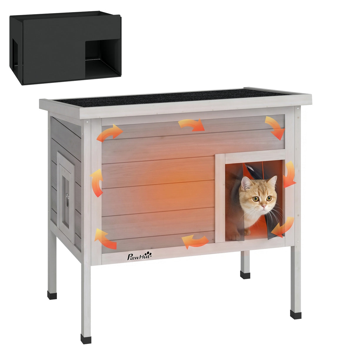 Outdoor Cat House Weatherproof with Removable Insulated Liner, Raised Wooden Cat House, Insulated Cat Shelter, Outdoor Use, Waterproof Asphalt Roof, Escape Door, Opening Top