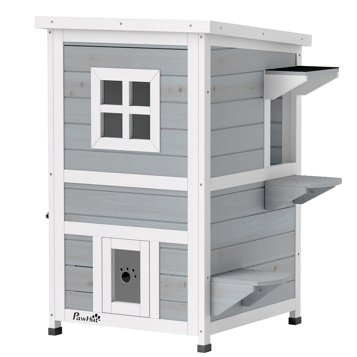 Wooden Cat House 2-Floor Outdoor Kitten Shelter with 3 Doors and Window Grey