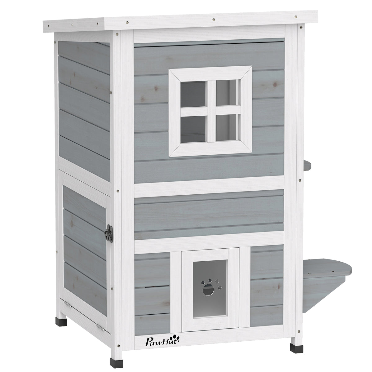 Wooden Cat House 2-Floor Outdoor Kitten Shelter with 3 Doors and Window Grey