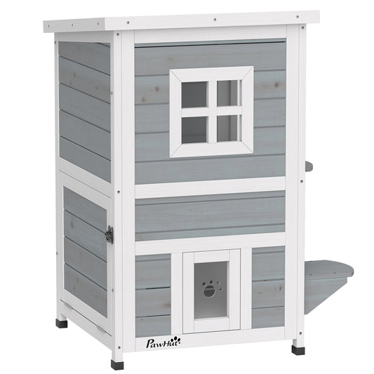 Wooden Cat House 2-Floor Outdoor Kitten Shelter with 3 Doors and Window Grey