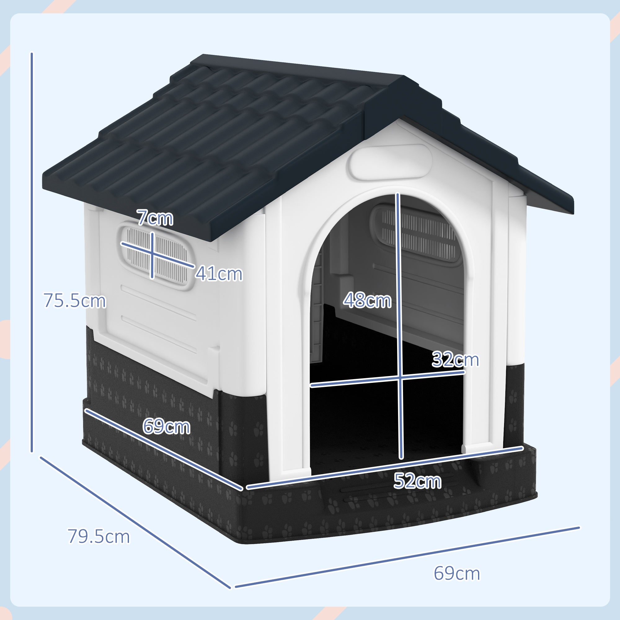 Dog Kennel for Outside, Plastic Dog House, Water-Resistant Pet Shelter with Windows, for Garden Patio, Miniature and Small Dogs, 80 x 69 x 76cm - Grey