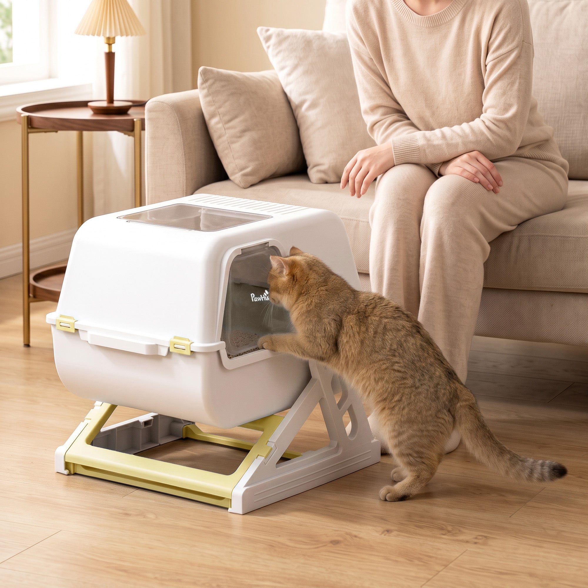 Cat Litter Box with Lid, Enclosed Cat Litter Box with Deodorization Bag & Drawer Pan, High Sides & Flip-to-Clean, Multi-Entry Design, Odor Control, Yellow