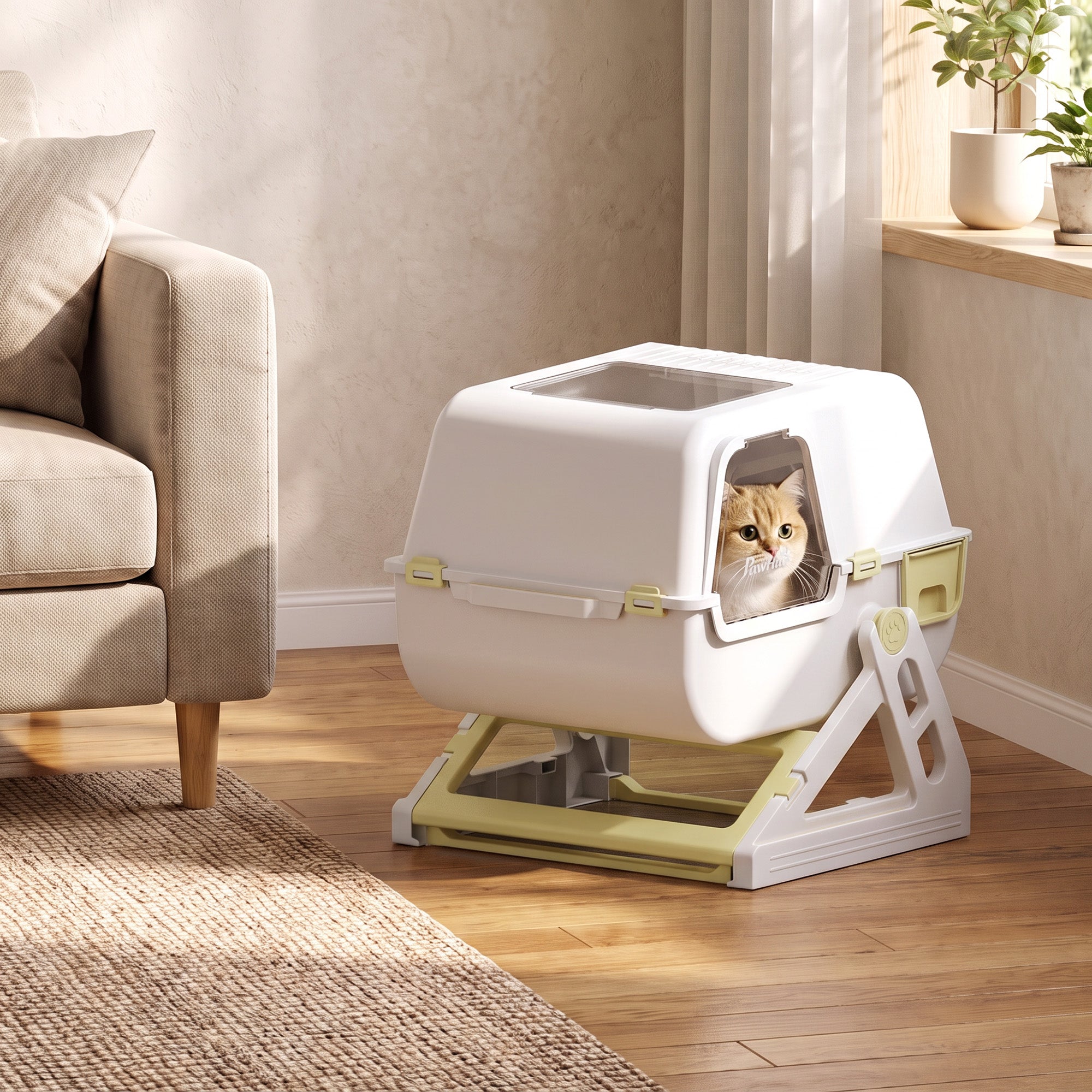 Cat Litter Box with Lid, Enclosed Cat Litter Box with Deodorization Bag & Drawer Pan, High Sides & Flip-to-Clean, Multi-Entry Design, Odor Control, Yellow
