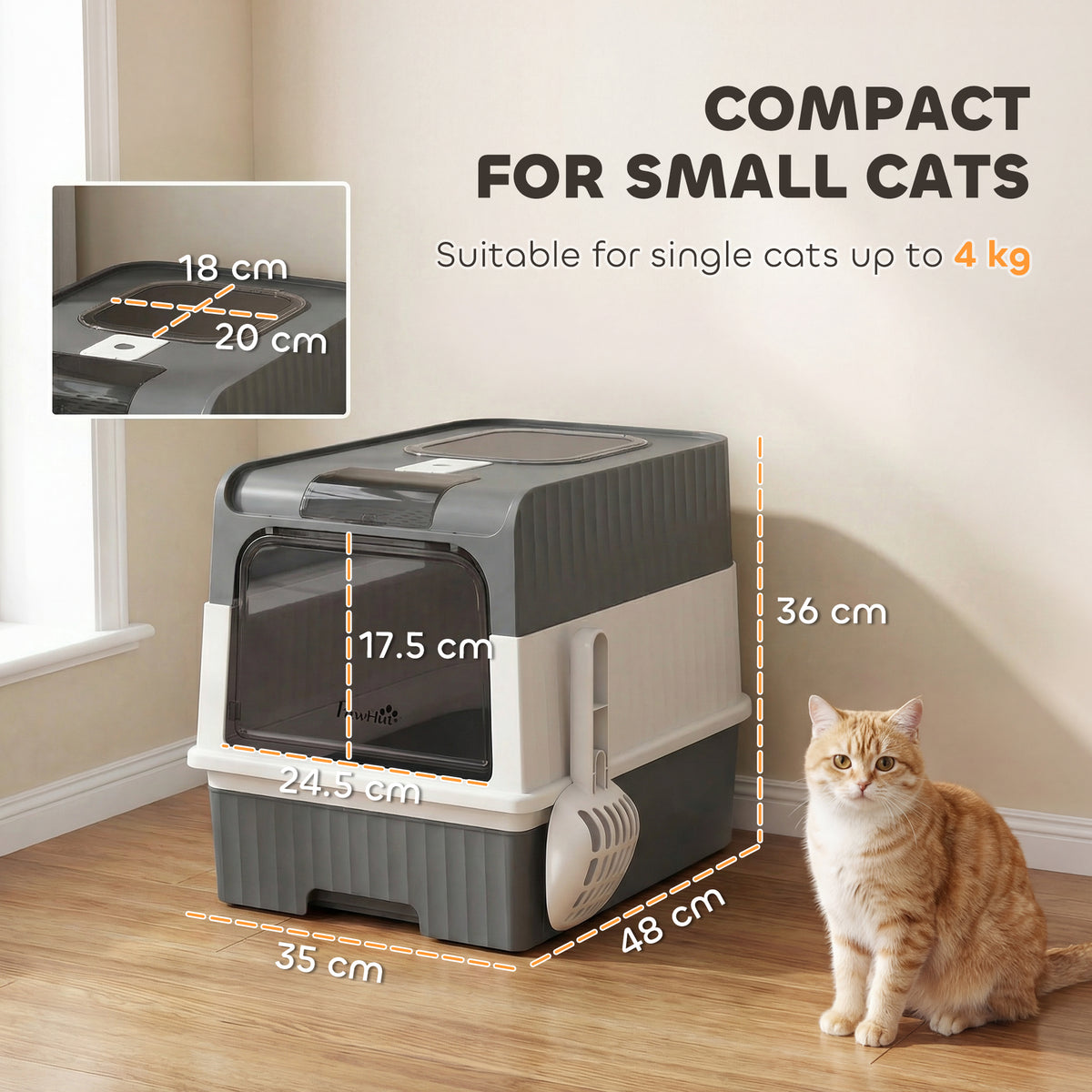 Cat litter Box with Lid, Enclosed Cat Litter Box with Pull-Out Drawer Tray, Scoop, 4 Deodorisation Bags, Front Entry & Top Exit, Privacy, Odour Control and Easy to Clean, Grey