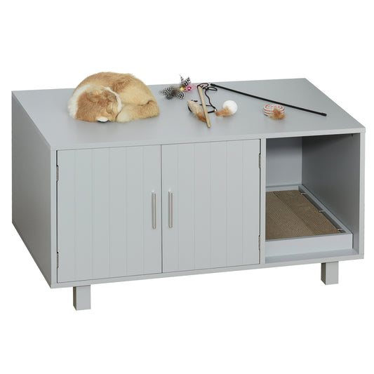 Cat Litter Box Enclosure, Hidden Litter Box Furniture, Cat House End Table Washroom with Scratching Pad, for Indoor Cats Kittens, Grey