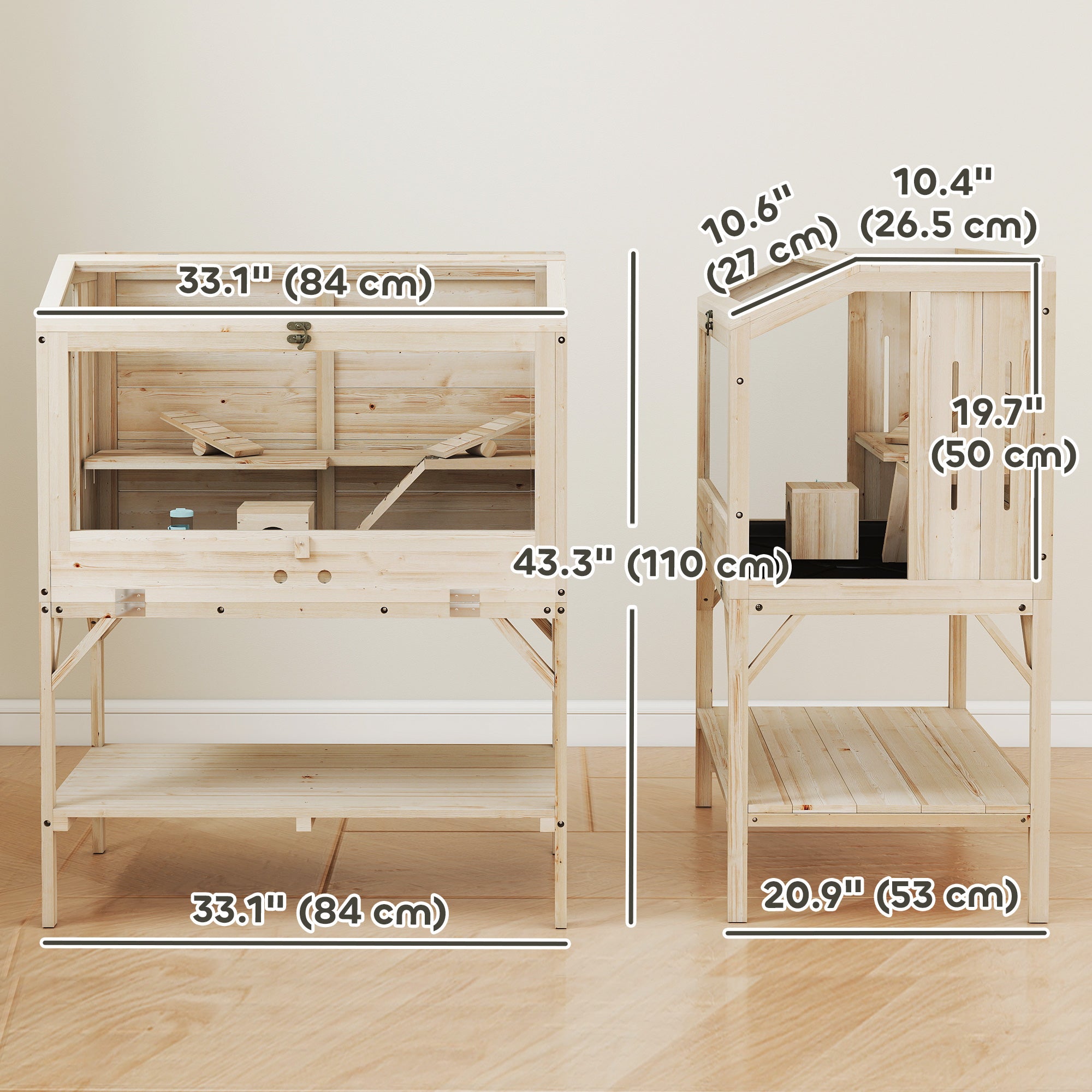 Wooden Hamster Cage, Gerbil Cage with Openable Top, Removable Tray, Seesaws, Water Bottle, Transparent Panels for Syrian, Dwarf Hamsters and Gerbils, 33.1" x 20.9" x 43.3"