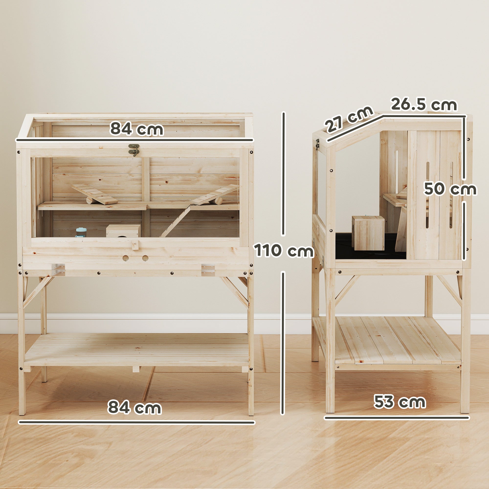 Wooden Hamster Cage, 2 Tier Transparent Gerbil Cage with Storage Shelf, Openable Top, Tray, Seesaws, Ramp, Water Bottle, Small Animal Habitat for Syrian, Gerbils, Rats, Rodent, 84 x 53 x 110 cm