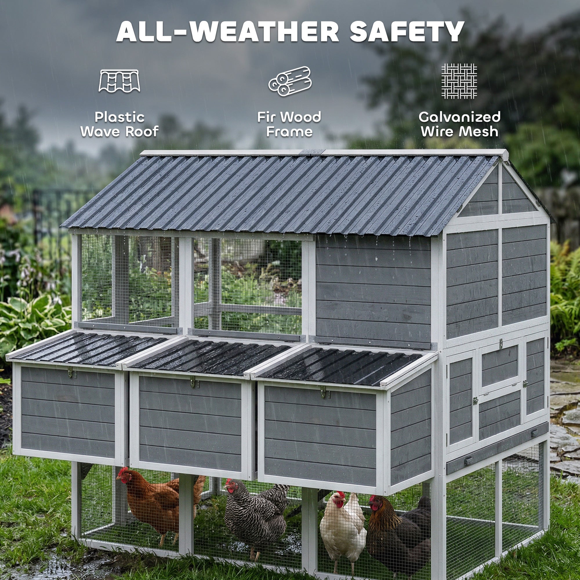 77" Large Chicken Coop for 6-8 Chickens, Outdoor Wooden Hen House Poultry Cage with Run, 3 Nesting Boxes, Waterproof Roof, Removable Tray, Ramp for Farm Backyard, Gray